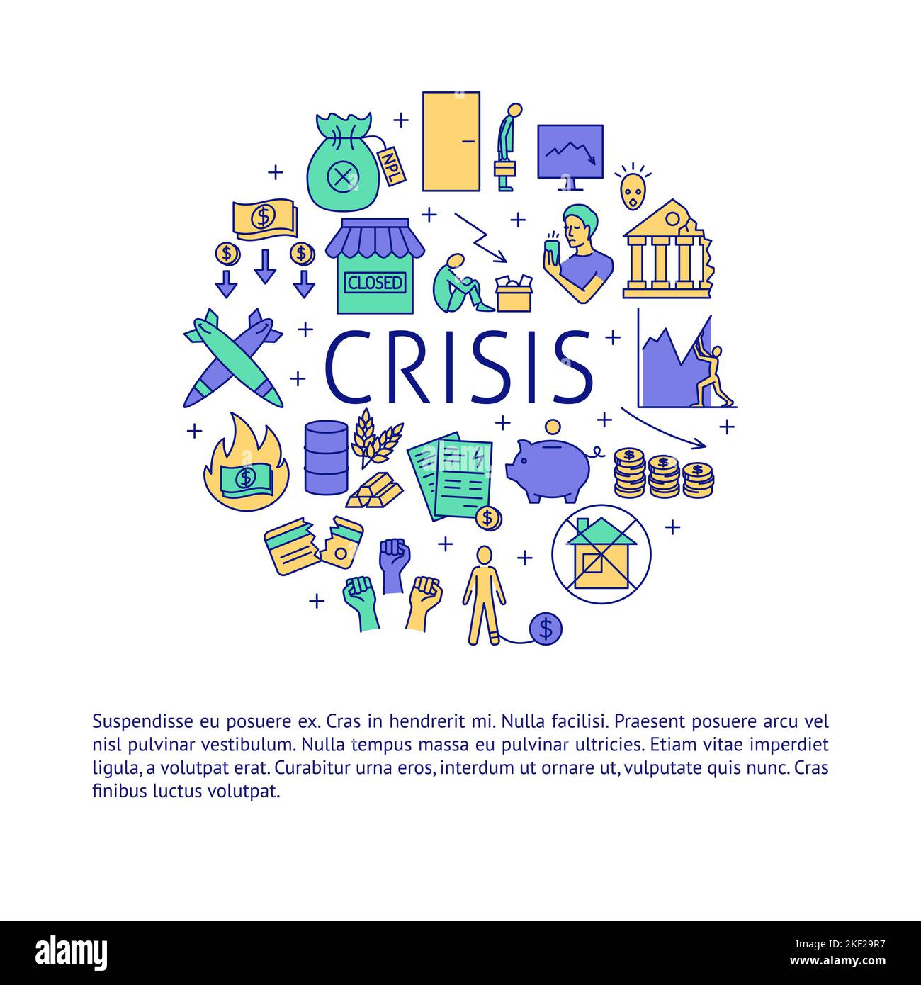 Financial crisis round banner with place for text. Vector illustration ...