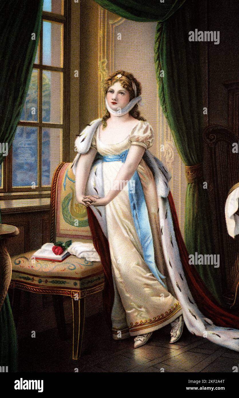 1800s QUEEN LOUISE OF PRUSSIA AT MEMEL AFTER ARTIST KARL LOTZMANN WEARING SILK GOWN EMPIRE STYLE WITH ERMINE ROBES - ka9471 HAR001 HARS ROBES ERMINE PRIDE OCCUPATIONS DERIVATIVE ESCAPE POSTCARD STYLISH KARL LOUISE MID-ADULT MID-ADULT WOMAN CAUCASIAN ETHNICITY HAR001 OLD FASHIONED PRUSSIA Stock Photo