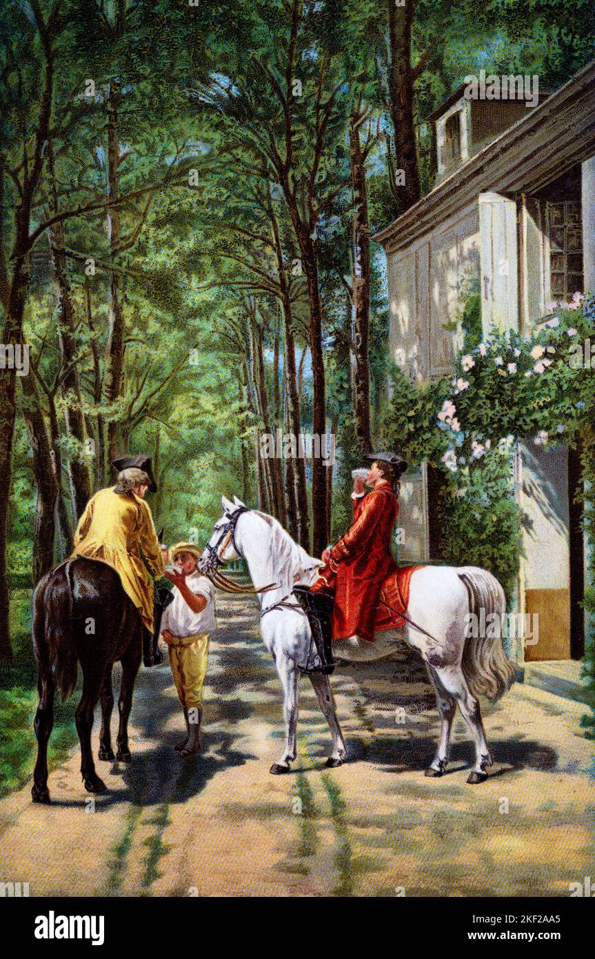 1860s THE ROADSIDE INN BY E. MEISSONIER RIDERS ON HORSES WEARING 18TH CENTURY CLOTHES BEING SERVED DRINKS - ka9477 HAR001 HARS POSTCARD STYLISH E. MAMMAL MID-ADULT MID-ADULT MAN ROADSIDE YOUNG ADULT MAN HAR001 MEISSONIER OLD FASHIONED Stock Photo