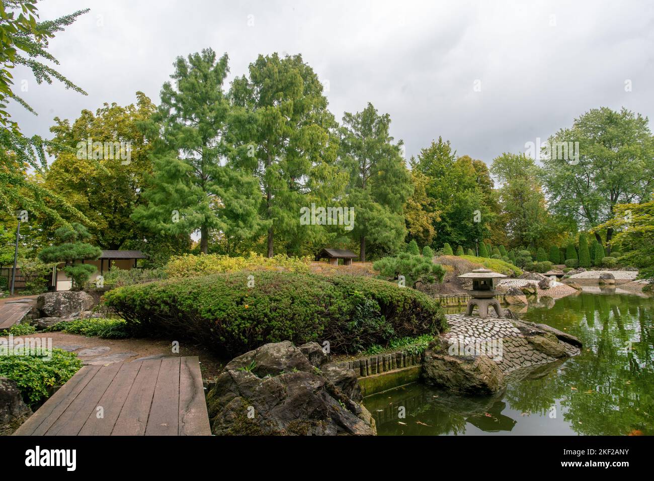 Stone banks of the pond and Japanese maple and Lebanese cedar and green grass meadow  and reflections in the water and the pavilion in the distance an Stock Photo