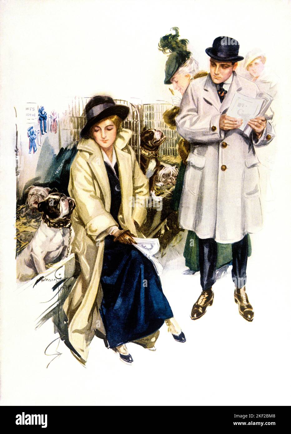 1910s FASHIONABLY DRESSED MAN AND WOMAN AT DOG SHOW WOMAN SEATED LOOKING AT FRIENDLY ENGLISH BULLDOG - kh13570 NAW001 HARS LADIES PERSONS MALES ENGLISH SENIOR ADULT SENIOR WOMAN DREAMS MAMMALS HIGH ANGLE STYLES AND BULLDOG CANINES OPPORTUNITY UPSCALE POOCH CONNECTION BULLDOGS CONCEPTUAL FASHIONABLY AFFLUENT APPROACH FRIENDLY STYLISH CANINE FASHIONS MAMMAL MID-ADULT MID-ADULT WOMAN WELL-TO-DO YOUNG ADULT WOMAN OLD FASHIONED Stock Photo