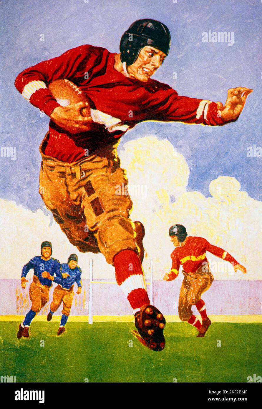 1920s ILLUSTRATION BY J F KERNAN OF AMERICAN FOOTBALL PLAYER OUTRUNNING OTHER TEAM AS HE CARRIES THE BALL & FENDS OFF OPPONENTS - kh13571 NAW001 HARS STRATEGY GRIDIRON CONCEPTUAL F J BLOCKING PEP TEAM SPORT HE CARRIES DEFENSE OPPONENTS YOUNG ADULT MAN & AMERICAN FOOTBALL OFFENSE OLD FASHIONED Stock Photo