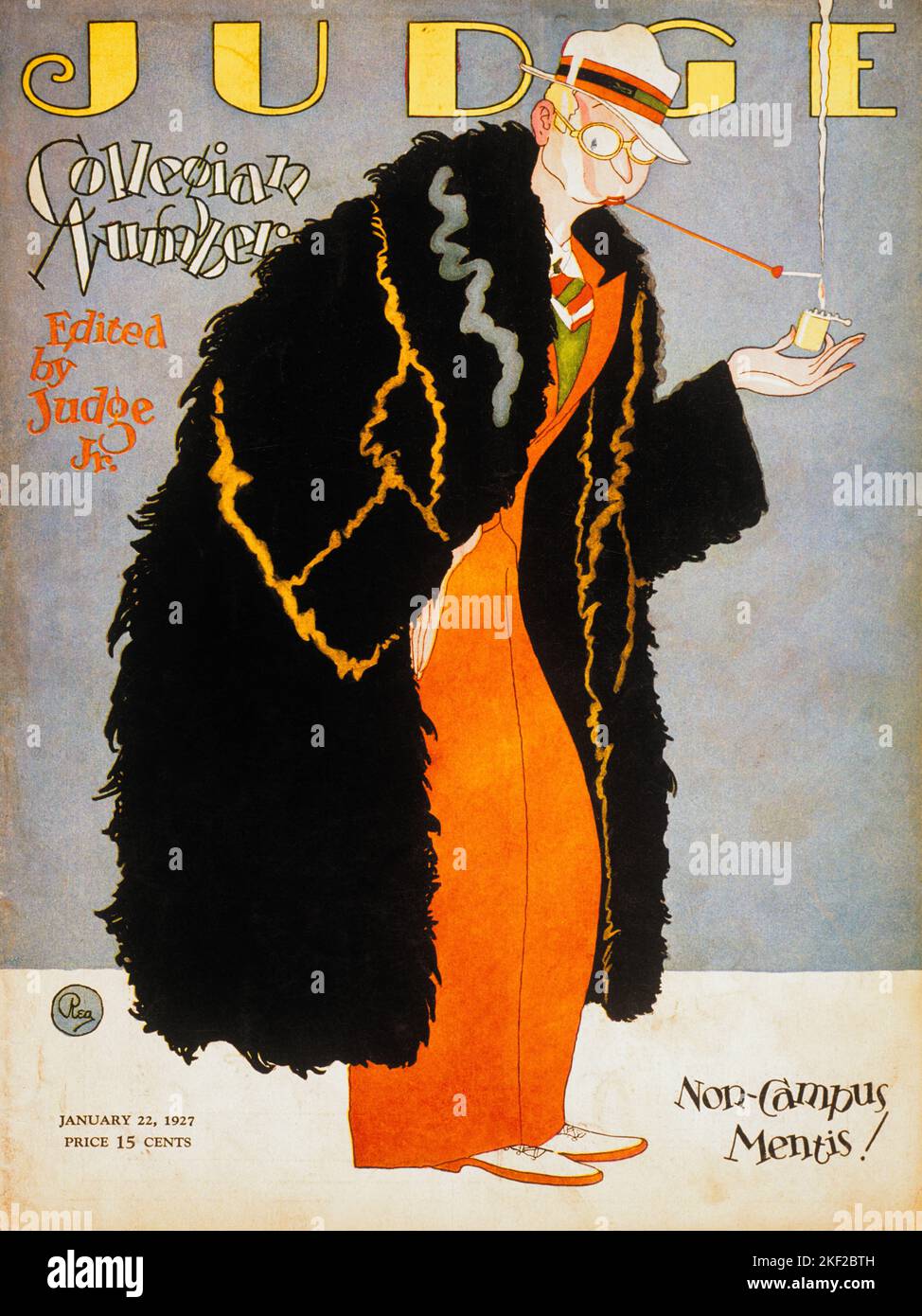 1920s COLLEGE EDITION JUDGE MAGAZINE COMIC DEPICTION OF FASHIONABLE COLLEGIAN IN FUR COAT SMOKING CIGARETTE NON-CAMPUS MENTIS - kh13584 NAW001 HARS STYLISH COLLEGES CIGARETTE HOLDER LIGHTER EDITION FASHIONS RACCOON COAT SATIRE OLD FASHIONED Stock Photo