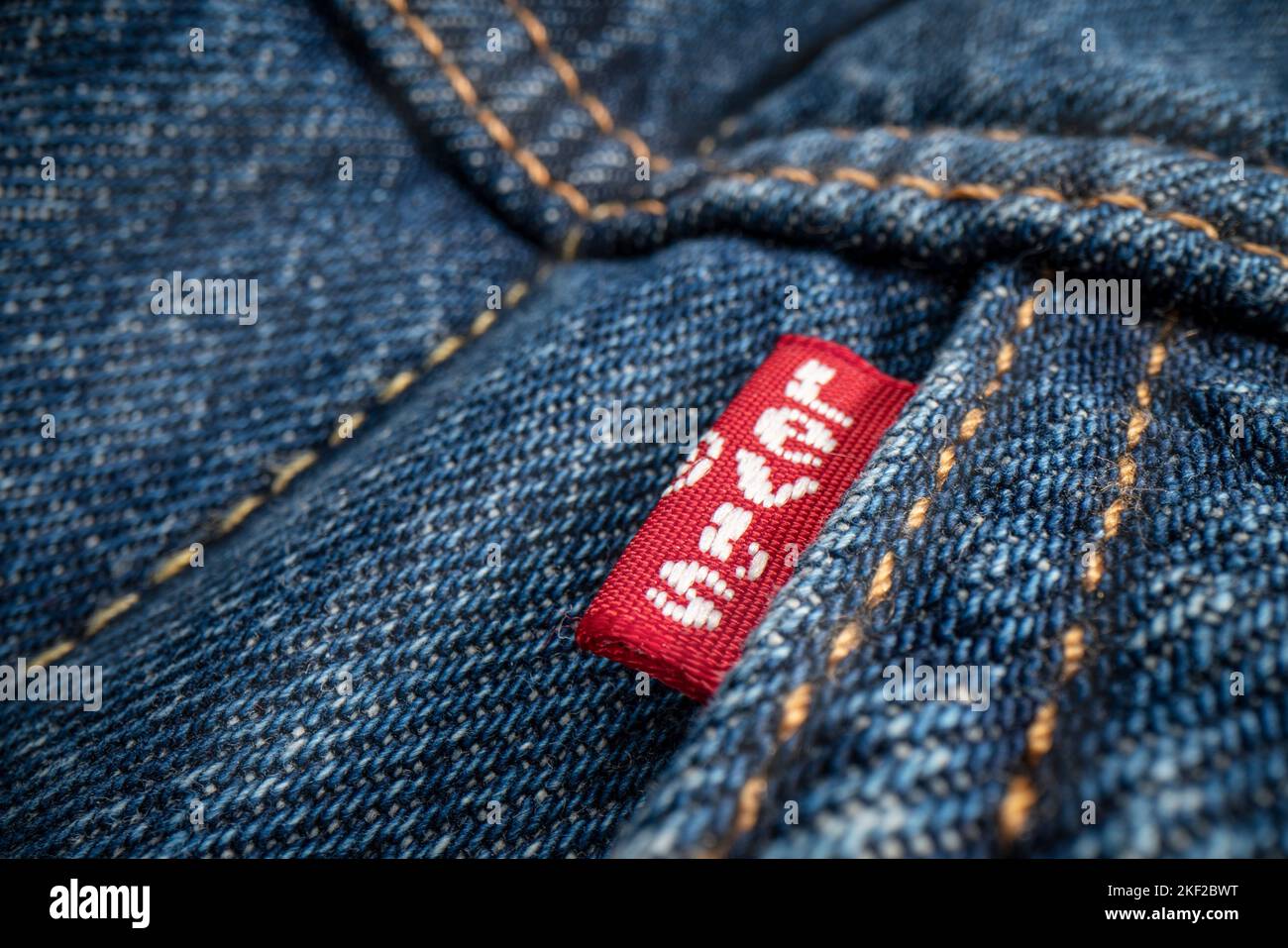 Fort Collins, CO, USA - November 7, 2022: Closeup of a Levis red label on Levi-Strauss trucker jacket. Levi Strauss & Co. is American clothing company Stock Photo