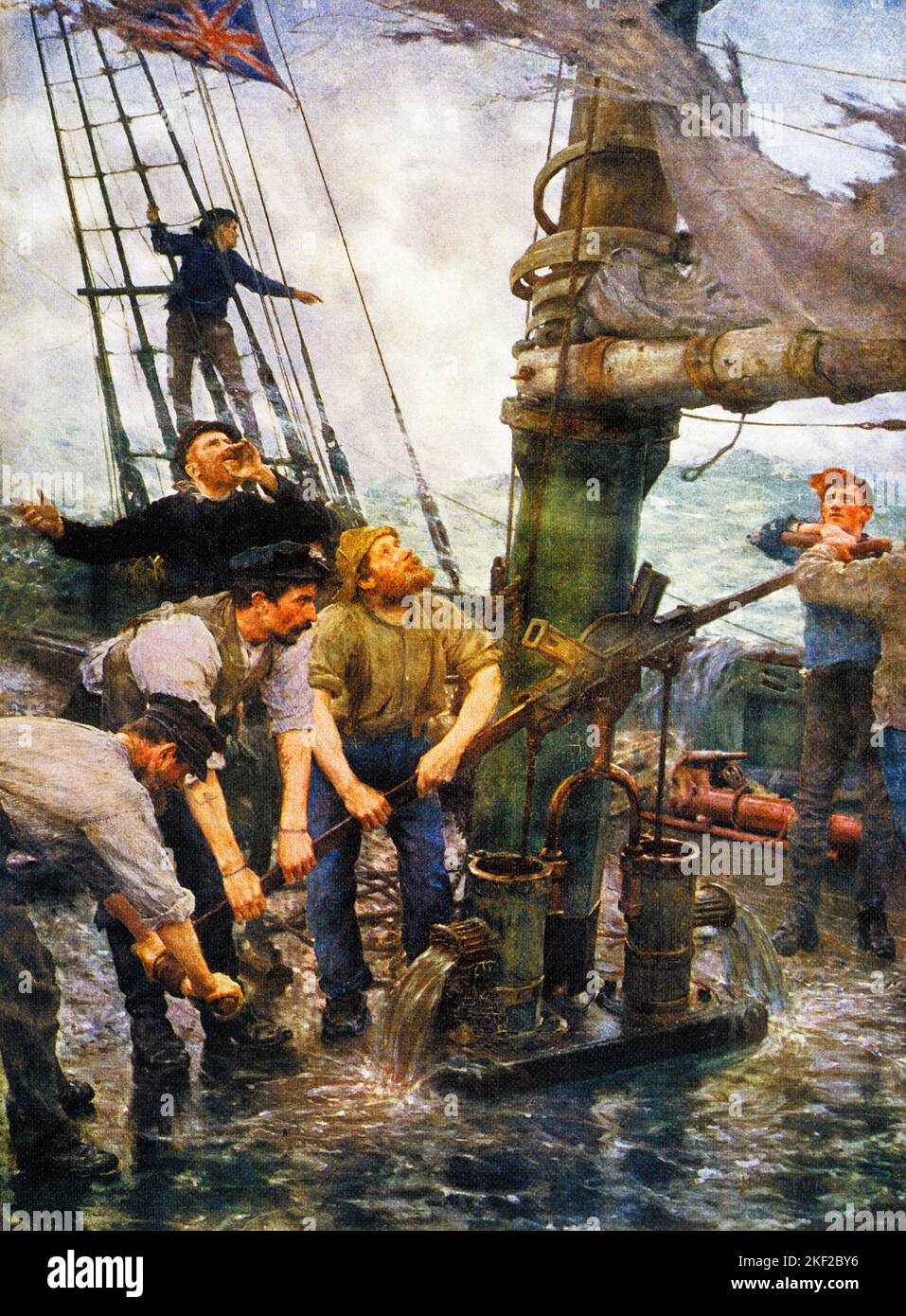 1880s ALL HANDS TO THE PUMPS PAINTING BY HENRY SCOTT TUKE SHOWS SAILING SHIP IN SEVERE DISTRESS DURING STORMY SEAS - kh13588 NAW001 HARS DISASTER ADVENTURE DANGEROUS STRENGTH COURAGE DISTRESS EXCITEMENT EXTERIOR LEADERSHIP POWERFUL RISKY HAZARDOUS OCCUPATIONS SAILORS PERIL UNSAFE CONCEPTUAL RIGGING 1880s SEAMEN JEOPARDY AWASH COOPERATION ENSIGN MAST MID-ADULT MID-ADULT MAN SAILS SHIPPING SHOWS SOLUTIONS YOUNG ADULT MAN MARITIME OLD FASHIONED SEVERE UPSIDE DOWN VESSEL Stock Photo