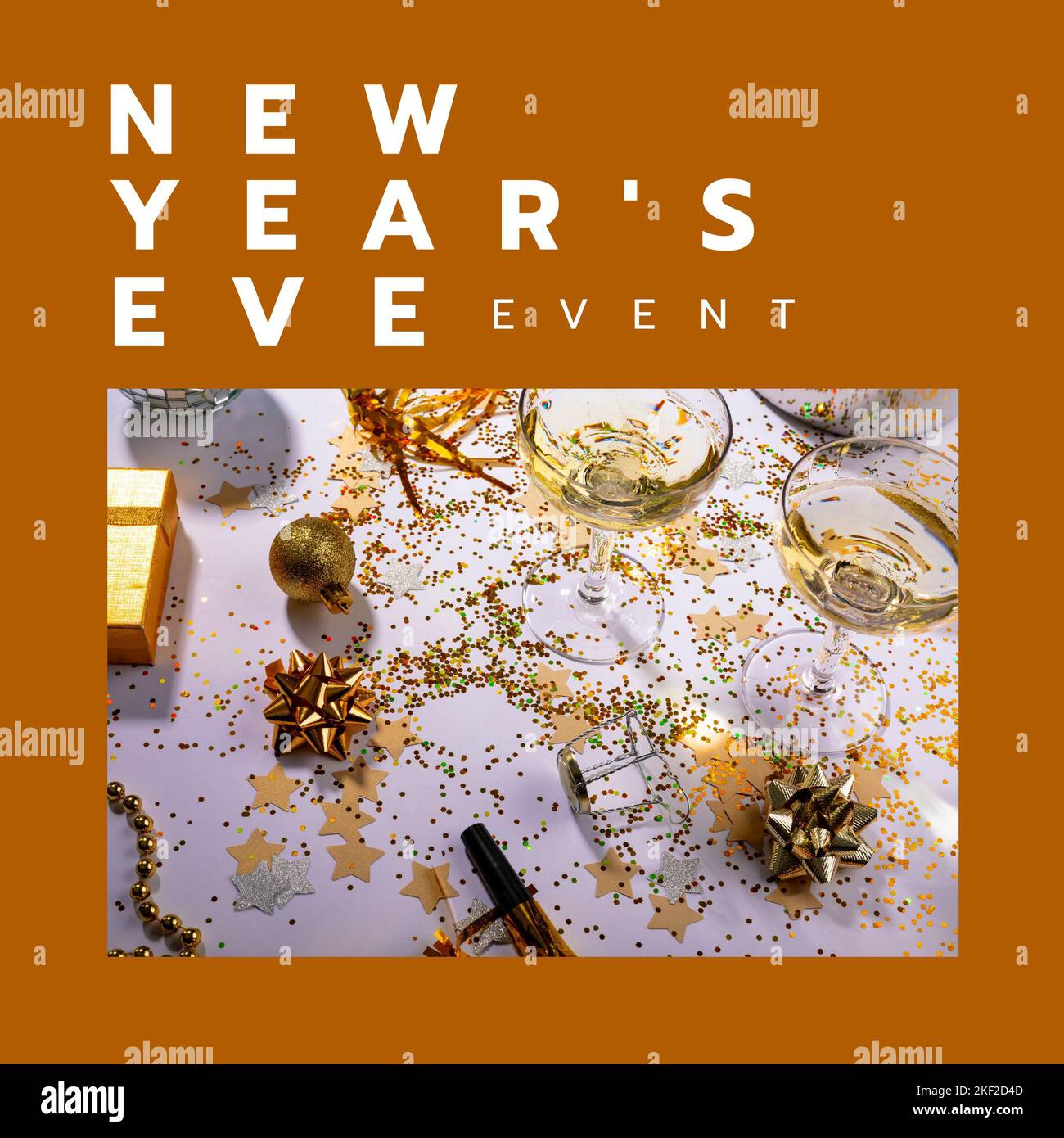 Composition of new year's eve celebration text over party table with 