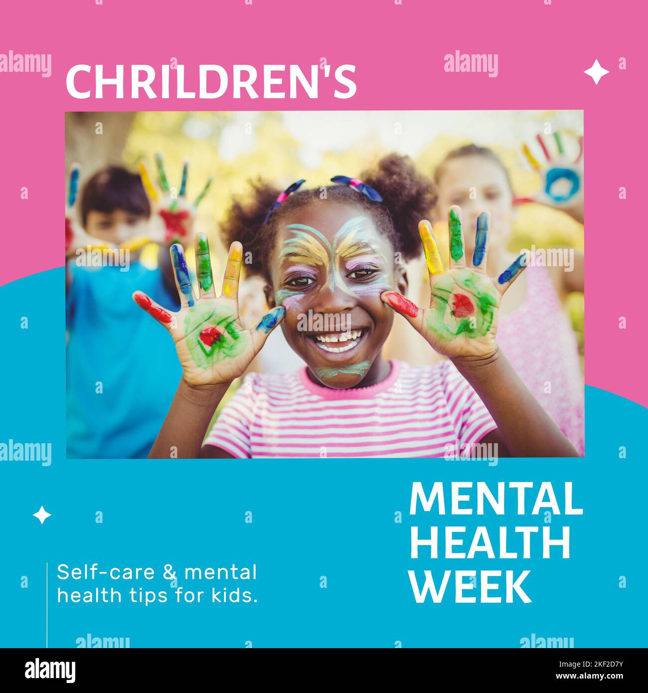 Composition of children's mental health week text and children with face and hands painted Stock Photo