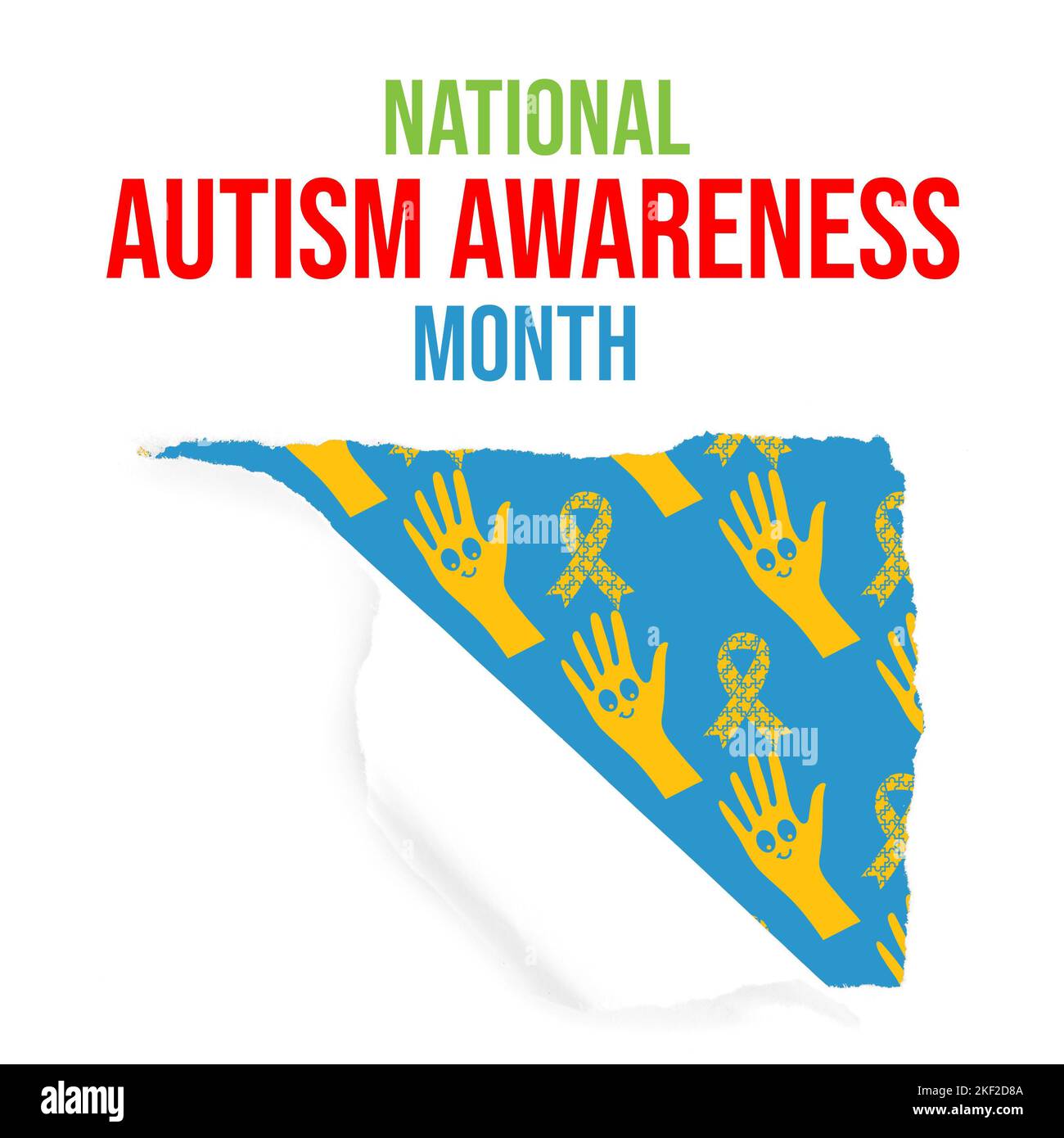 Composition of national autism awareness month text and yellow hands ...