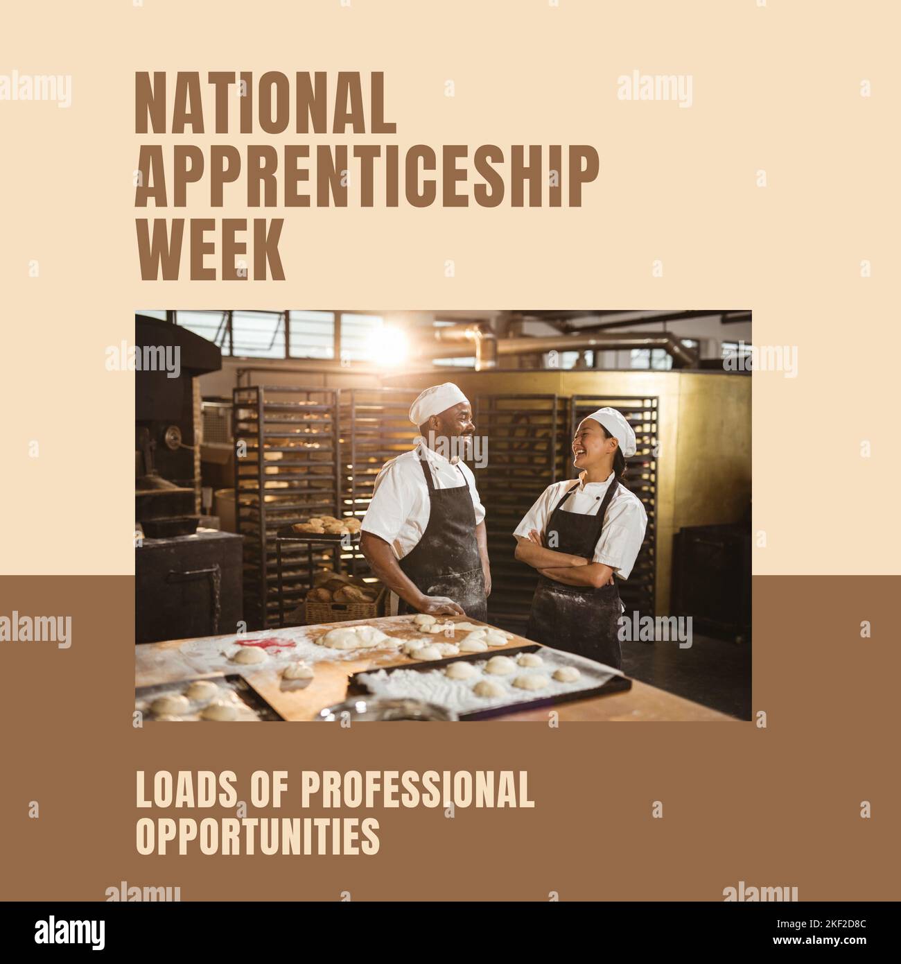 Composition of national apprenticeship week text and bakers in bakery Stock Photo Alamy