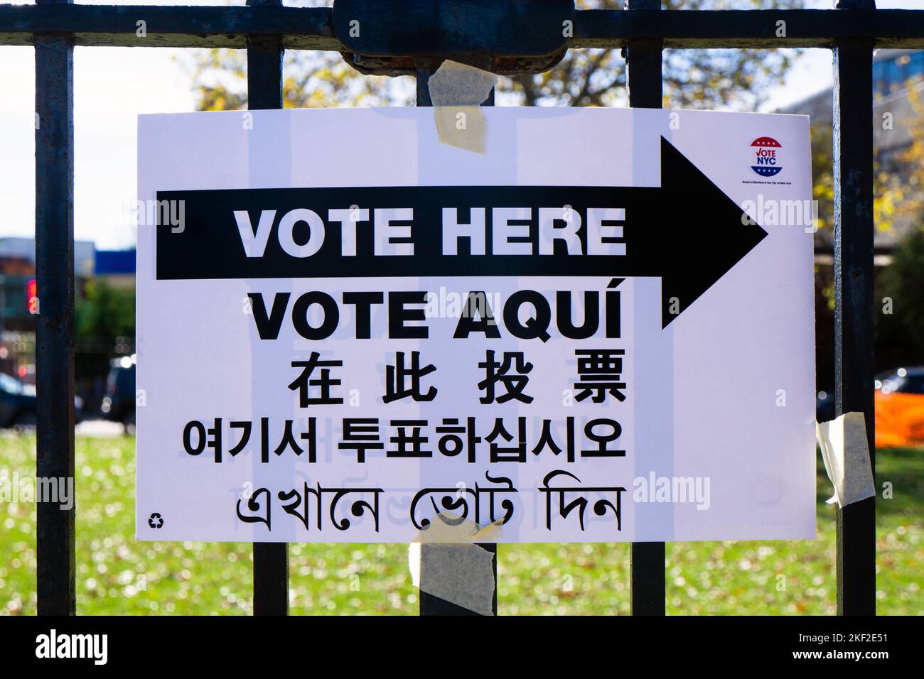 A sign in 5 languages at Francis Lewis High School, a place to vote in the 2022 midterms. In Fresh Meadows, Queens, New York. Stock Photo