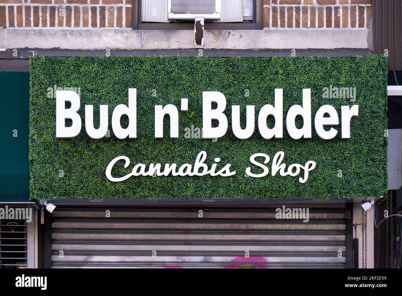 The exterior of Bud n' Budder a cannabis shop on Broadway in Astoria, queens, New York. Stock Photo