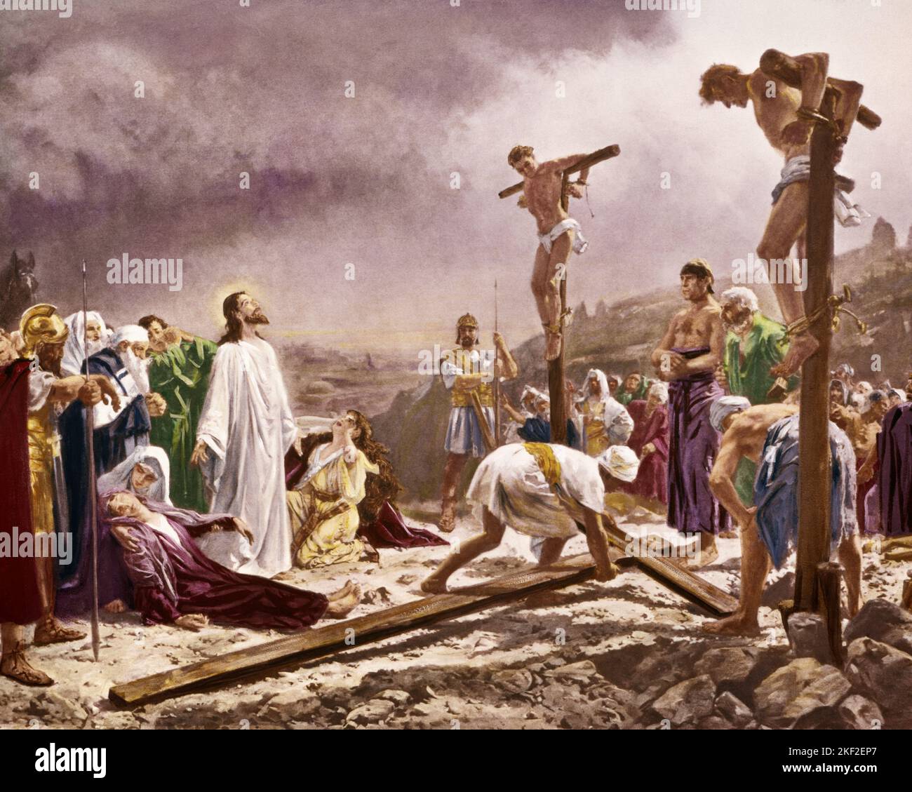 1960s 33 AD CHRIST ON CALVARY SPEAKS TO TWO CONVICTED THIEVES BEFORE HIS CRUCIFIXION RELIGIOUS PAINTING BY CLEMENTS - kr8312 SPL001 HARS OF AUTHORITY CALVARY CRUCIFIXION CONCEPTUAL SON OF GOD FAITHFUL SPEAKS 33 AD COOPERATION FAITH IDEAS MESSIAH SPIRITUAL THIEVES TOGETHERNESS BELIEF INSPIRATIONAL JESUS CHRIST OLD FASHIONED Stock Photo