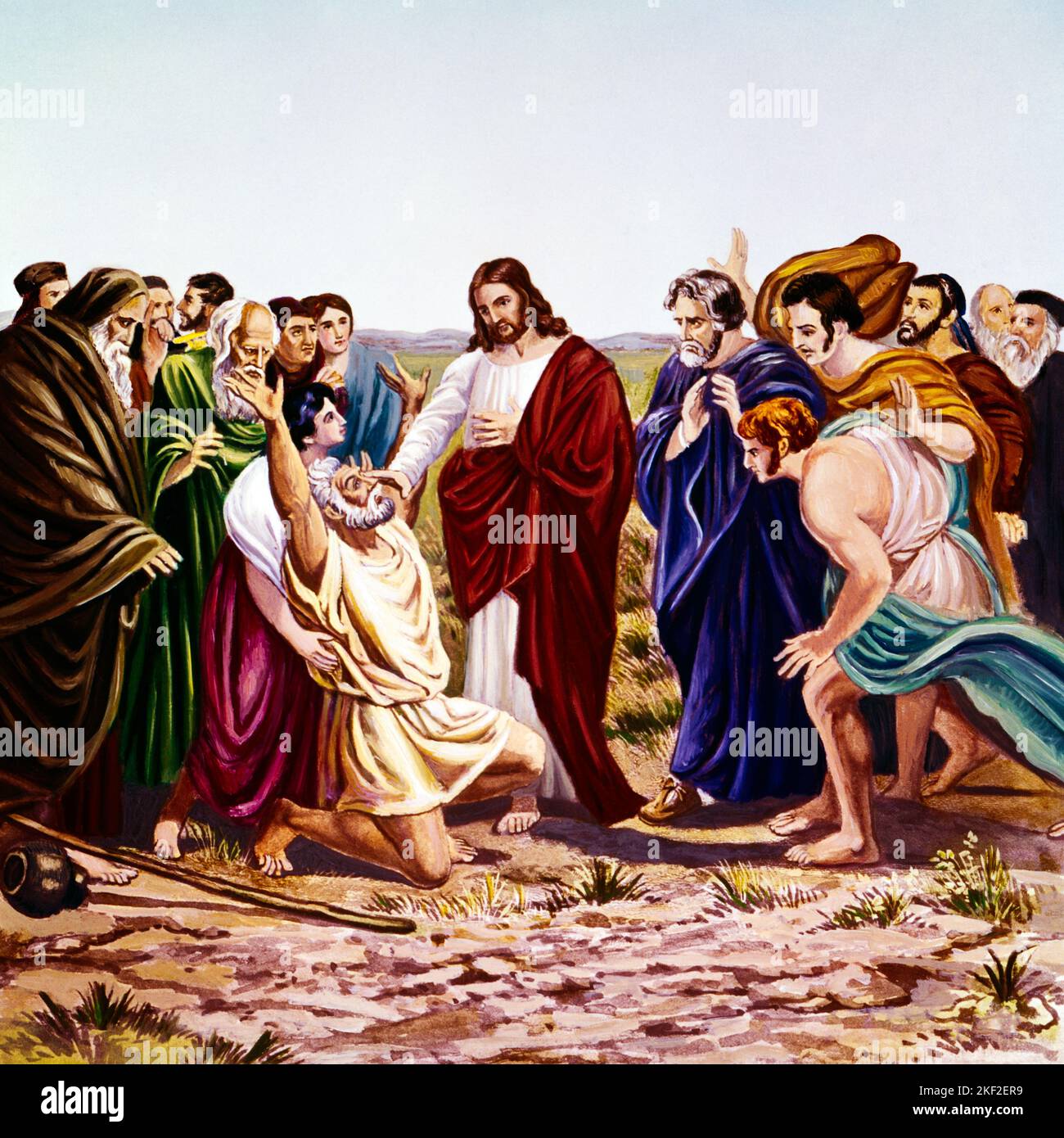 1960s ART OF A MIRACLE JESUS HEALING THE BLIND MAN OF BETHSAIDA 33AD ILLUSTRATION BY THOLEY AFTER RICHTER - kr9411 SPL001 HARS MIRACLE SON OF GOD MIRACLES ARTWORK FAITH MESSIAH SPIRITUAL TALENT BELIEF INSPIRATIONAL JESUS CHRIST OLD FASHIONED Stock Photo