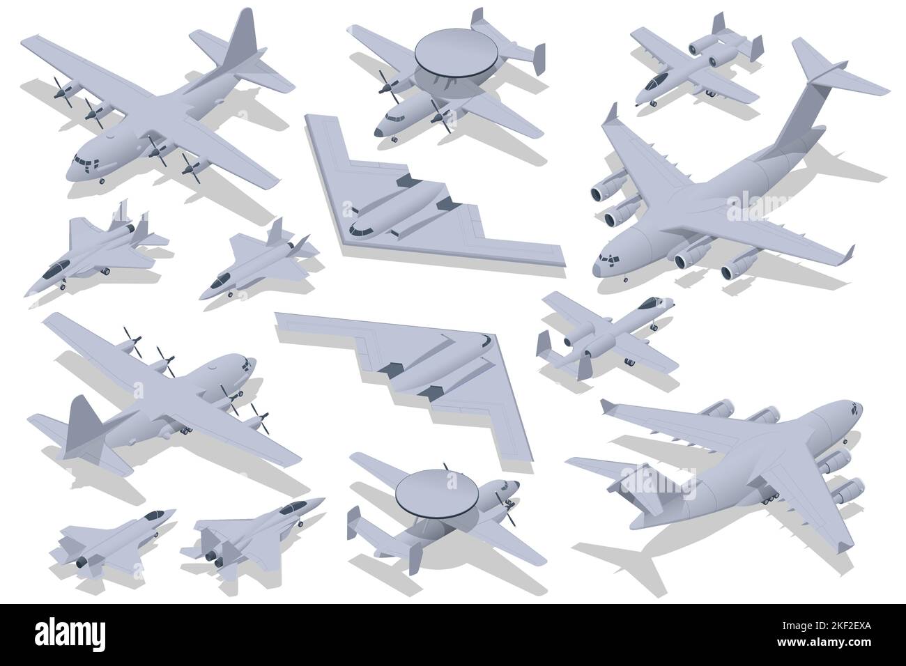 Isometric set of Military Aviation Air Force. attack aircraft, Stealth Strategic heavy Bomber, Strategic and tactical airlifter, Military Aviation Stock Vector