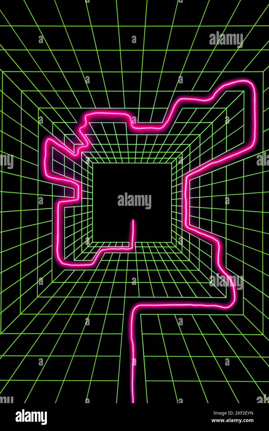 1990s COMPUTER GRAPHIC MAZE PINK NEON ROUTE THROUGH GREEN GRID SYMBOLIC ...
