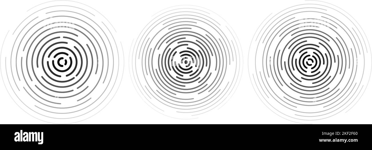 Concentric ripple circles set. Sonar or sound wave rings collection. Epicentre, target, radar icon concept. Radial signal or vibration elements. Stock Vector
