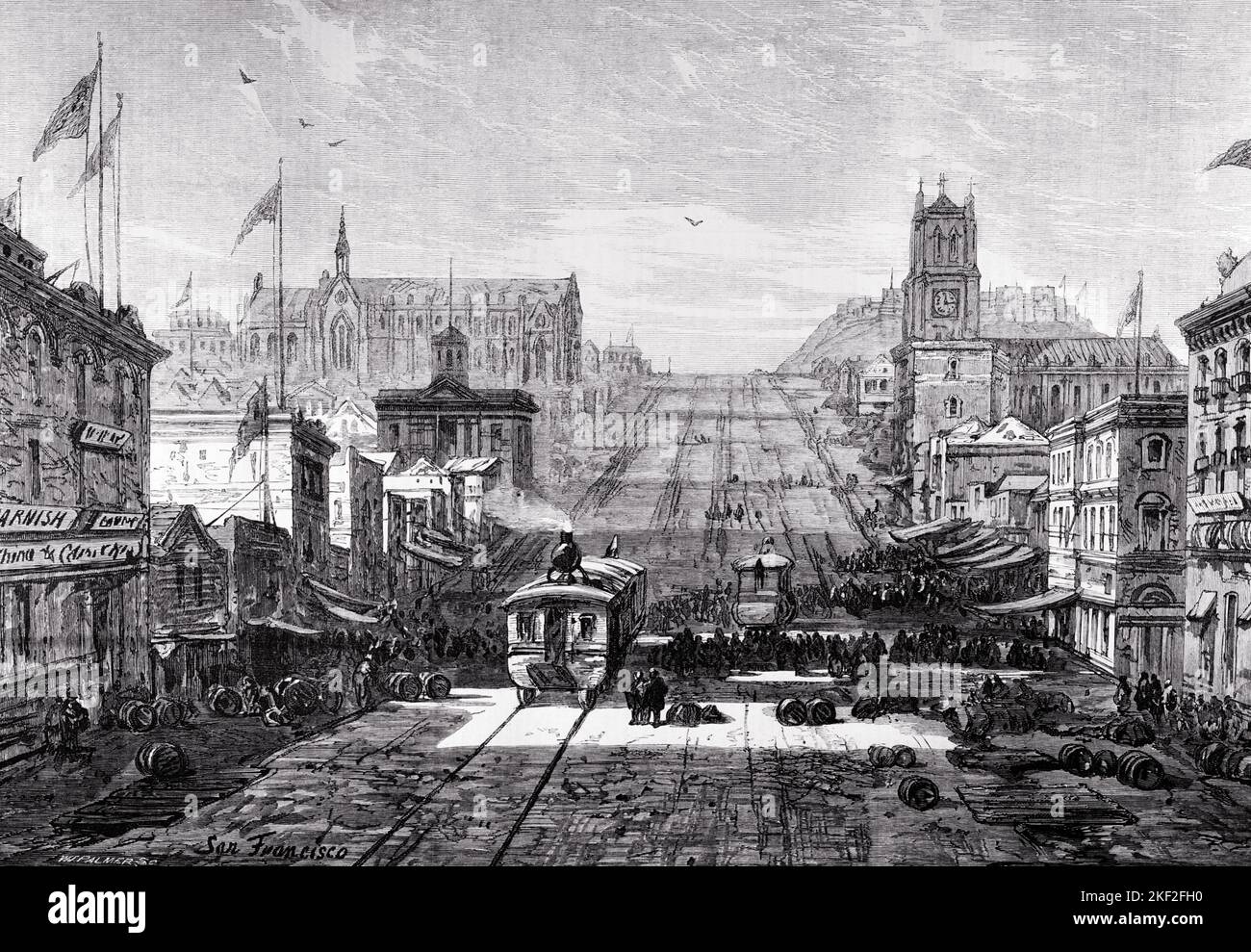 1860s BUSY STREET SCENE WITH CABLE CARS APPROACHING A HILL CIRCA 1866 SAN FRANCISCO CALIFORNIA USA - o3509 LAN001 HARS IMAGINATION CIRCA CREATIVITY PUBLIC TRANSIT SOLUTIONS WILDLIFE APPROACHING BLACK AND WHITE CABLE OLD FASHIONED Stock Photo