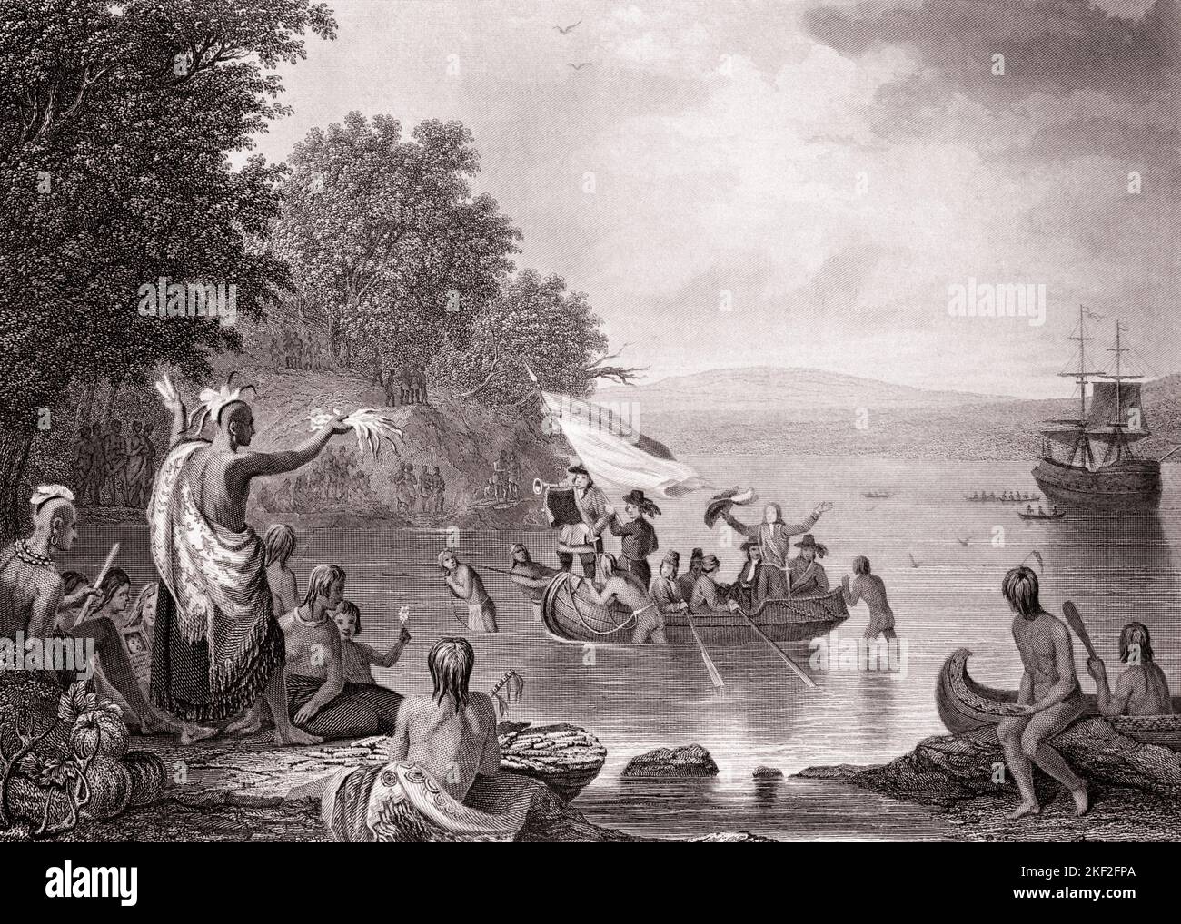 1600s 1609 LANDING OF HENRY HUDSON OF THE DUTCH EAST INDIA COMPANY IN WHAT WILL BECOME THE HUDSON RIVER IN NEW YORK STATE USA - q53099 CPC001 HARS COMMANDER OR TRADE 1600s HENRY HUDSON NATIVE AMERICANS 1609 BLACK AND WHITE HENRY INDIGENOUS OLD FASHIONED SEPTEMBER Stock Photo