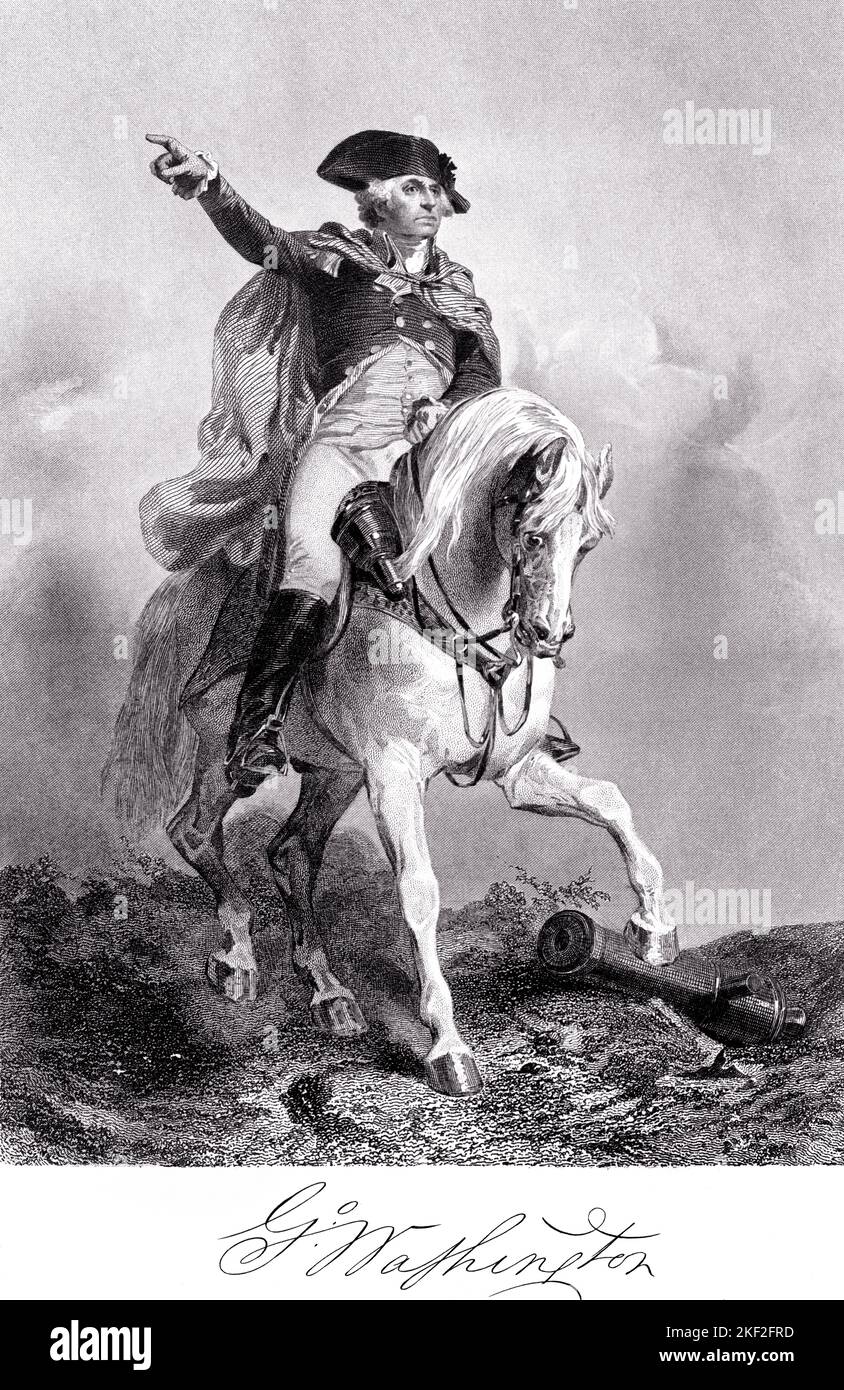 1770s GENERAL GEORGE WASHINGTON ON HORSEBACK POINTING OR SALUTING FROM AN 1860 PAINTING BY ALONZO CHAPPEL - q57125 CPC001 HARS B&W FREEDOM WARS HORSEBACK MAMMALS COURAGE LEADERSHIP LOW ANGLE 1776 OCCUPATIONS UNIFORMS WAR OF INDEPENDENCE CONCEPTUAL SIGNATURE GEORGE WASHINGTON REVOLT AMERICAN REVOLUTIONARY WAR 1770s ALONZO CHAPPEL COLONIES MAMMAL MID-ADULT MID-ADULT MAN MID-ADULT WOMAN SALUTING BLACK AND WHITE CONTINENTAL ARMY NELSON OLD FASHIONED Stock Photo