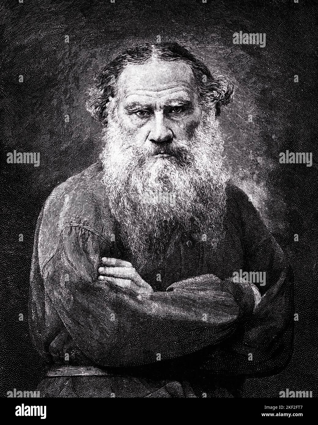 1880s 1887 PORTRAIT RUSSIAN NOVELIST LEO TOLSTOY IN PEASANT CLOTHES LOOKING AT CAMERA WITH SIGNATURE THE AUTHOR OF WAR AND PEACE - q60009 CPC001 HARS OLD FASHIONED Stock Photo