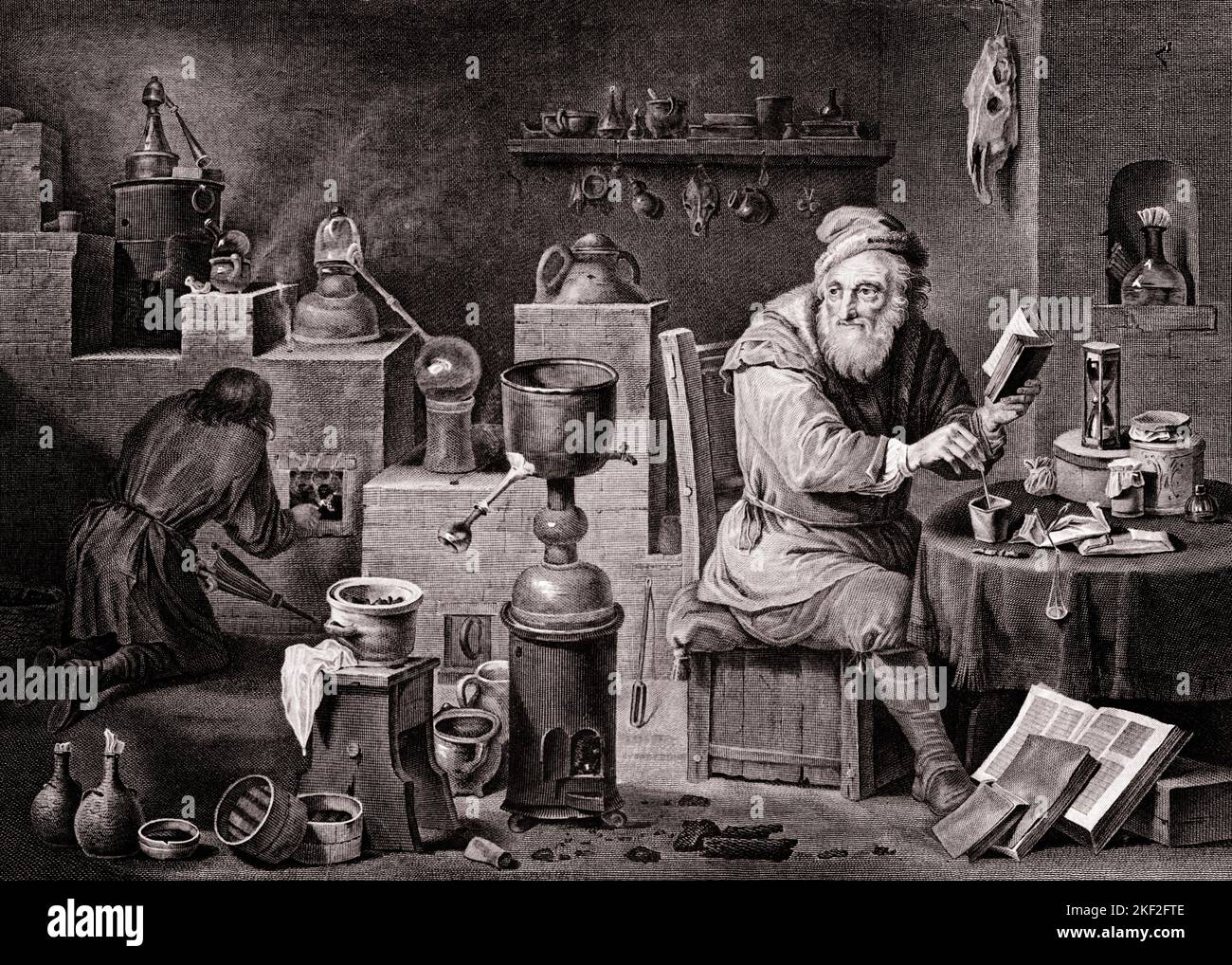1640s THE ALCHEMIST LABORATORY OF THE MIDDLE AGES ATTEMPTS TO TURN BASED METALS INTO GOLD FROM PAINTING BY DAVID TENIERS 1649 - q67044 CPC001 HARS DISCOVERY SCIENTIFIC DAVID INTO THE FACIAL HAIR OCCUPATIONS IMAGINATION 1640s ARTWORK ATTEMPTS BASED BEARDS METALS BLACK AND WHITE LABORATORIES LABS OLD FASHIONED Stock Photo