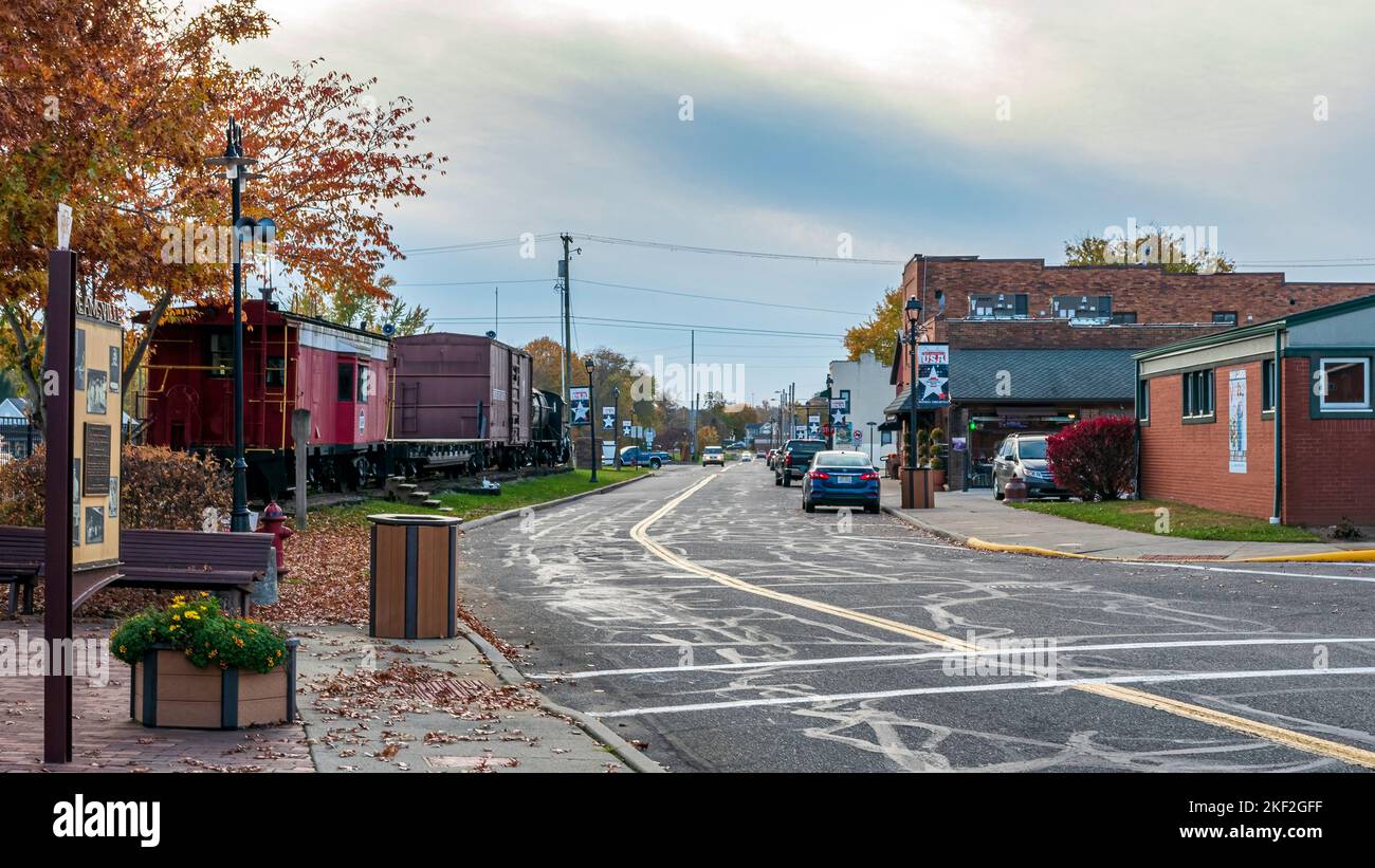 Dennison, Ohio, USA- Oct. 24, 2022: Looking west on Center Street from the Dennison Railroad Depot Museum. Dennison is a railroad town incorporated in Stock Photo