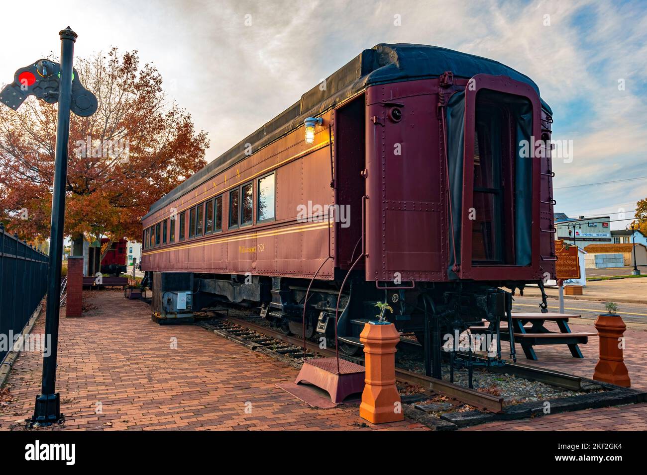 Dennison, Ohio, USA- Oct. 24, 2022: Display passenger railcar at the Dennison Railroad Depot and Museum. This depot  played a key role in transporting Stock Photo