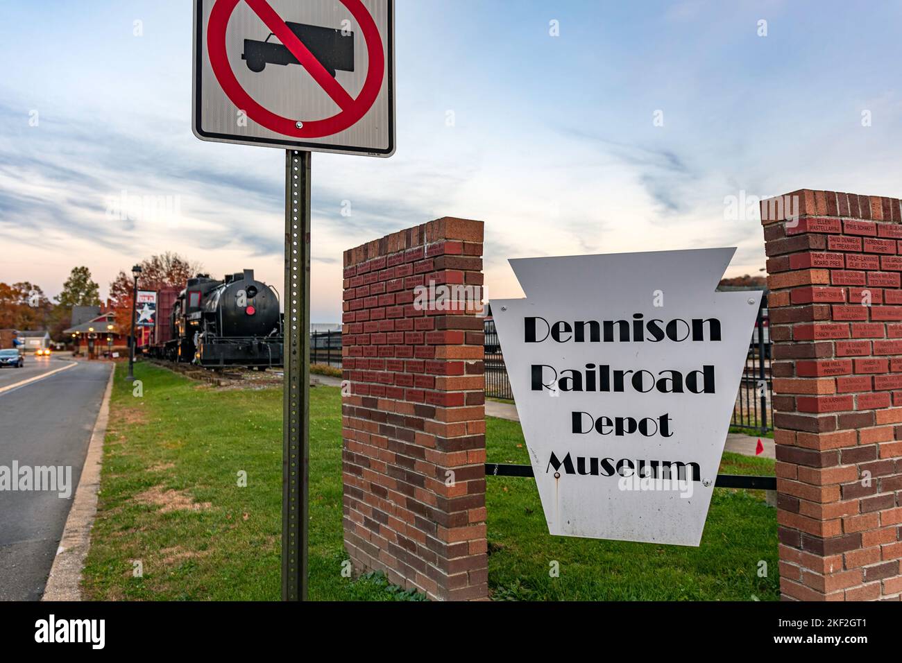 Dennison, Ohio, USA- Oct. 24, 2022: Sign on Center Street for the Dennison Railroad Depot Museum. Stock Photo