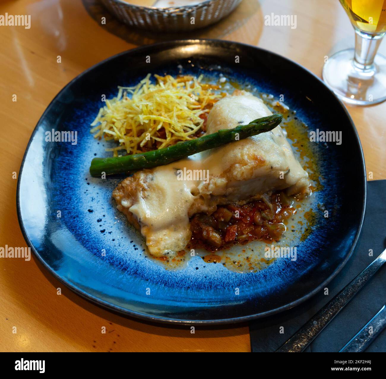 Cod fillet on vegetable ratatouille with chorizo, gratin Stock Photo ... Cod fillet on vegetable ratatouille with chorizo, gratin Stock Photo ...