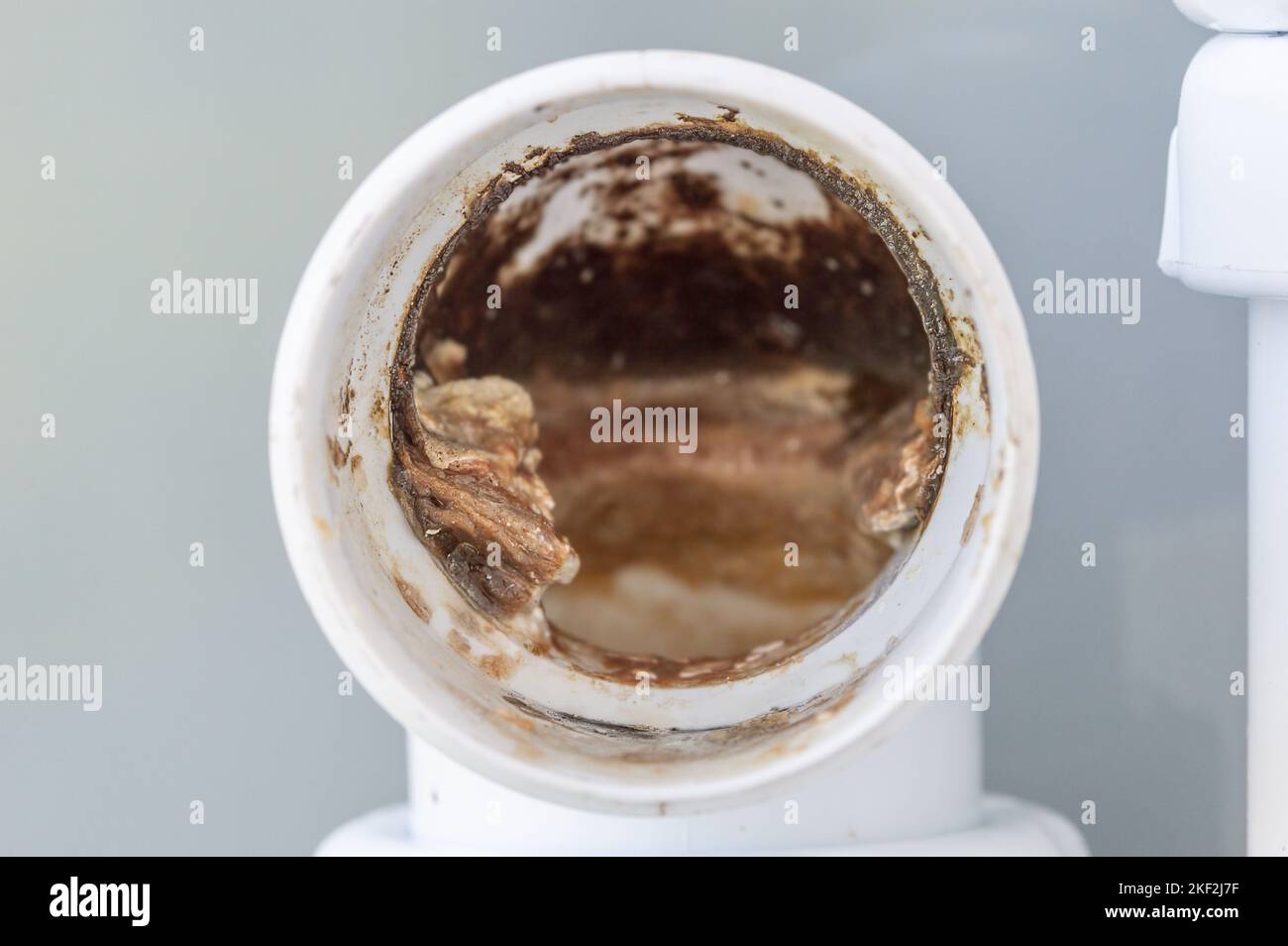 Clogged drain pipe. Plastic household pipes blocked by dirt Stock Photo