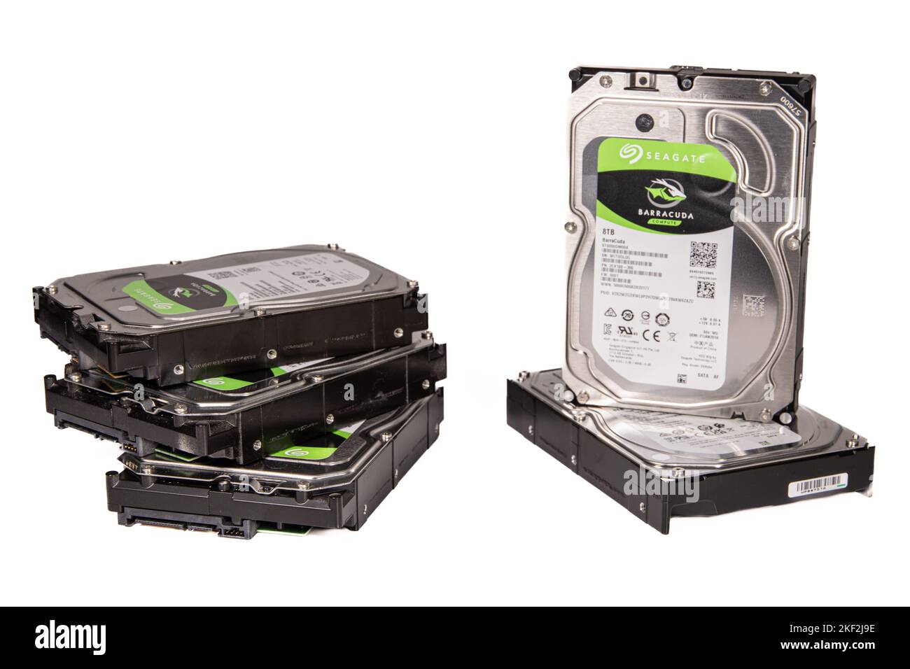 A pile of five hard drives Stock Photo