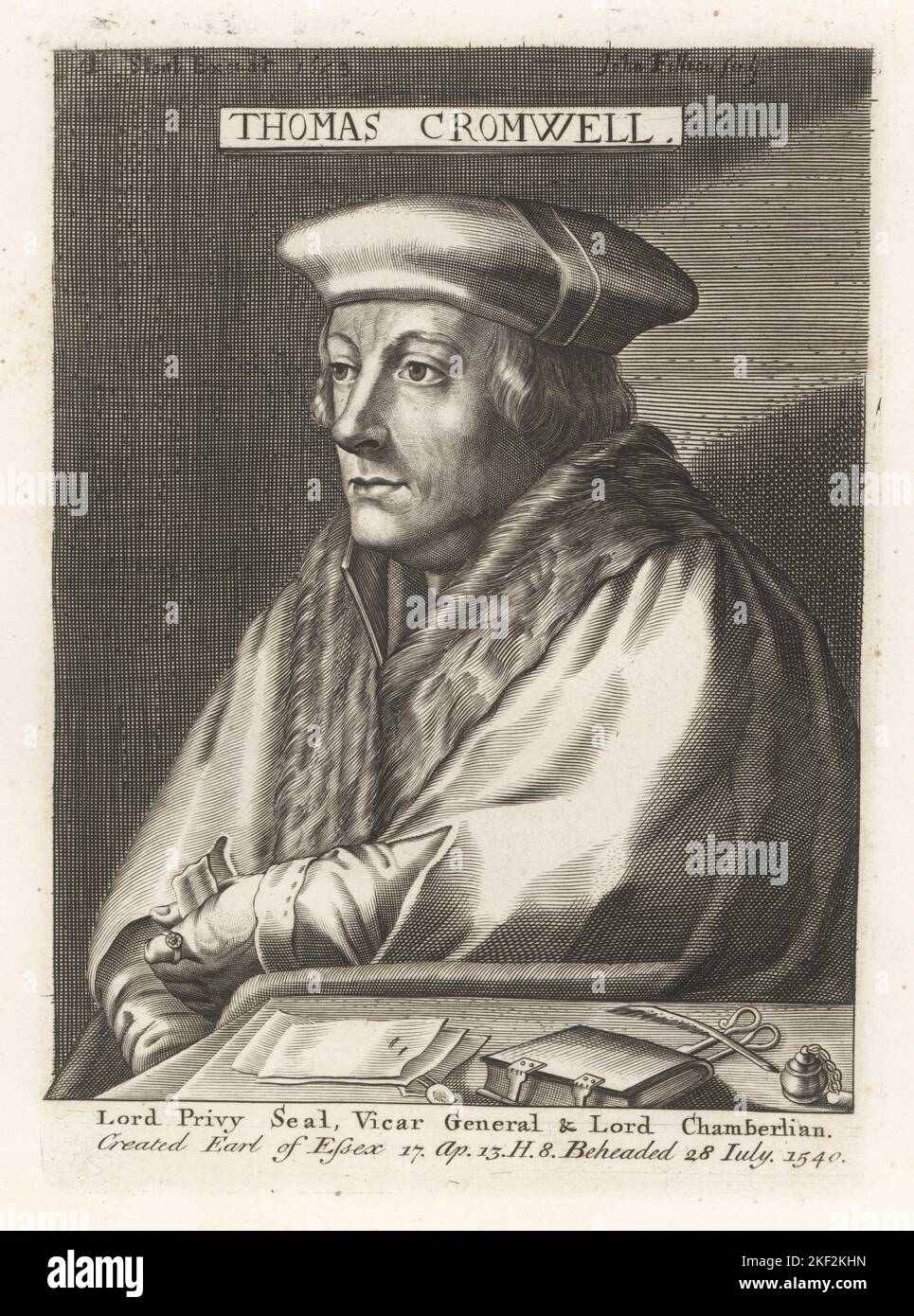 Thomas Cromwell, Earl of Essex, c.1485-1540. Lord Privy Seal, Vicar General and Lord Chamberlain to King Henry VIII of England. Beheaded 28 July 1540. At his desk with quill pen, papers, inkwell, book with clasps. Copperplate engraving by John Filian for Peter Stent after a portrait by Hans Holbein from Samuel Woodburn’s Gallery of Rare Portraits Consisting of Original Plates, George Jones, 102 St Martin’s Lane, London, 1816. Stock Photo