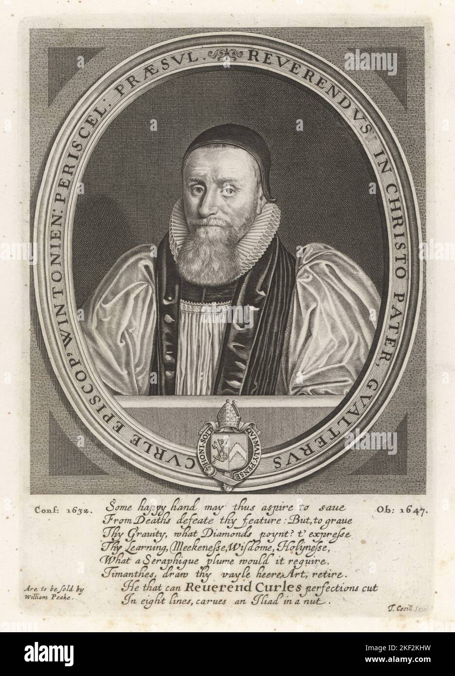 Walter Curle, Bishop of Winchester, English theologian. In skull cap, ruff collar and ecclesiastical robes, 1575-1647. Gualterus Curle Episco Wintonien. Original plate by Thomas Cecill, with eight English verses sold by WIlliam Peake. Copperplate engraving from Samuel Woodburn’s Gallery of Rare Portraits Consisting of Original Plates, George Jones, 102 St Martin’s Lane, London, 1816. Stock Photo
