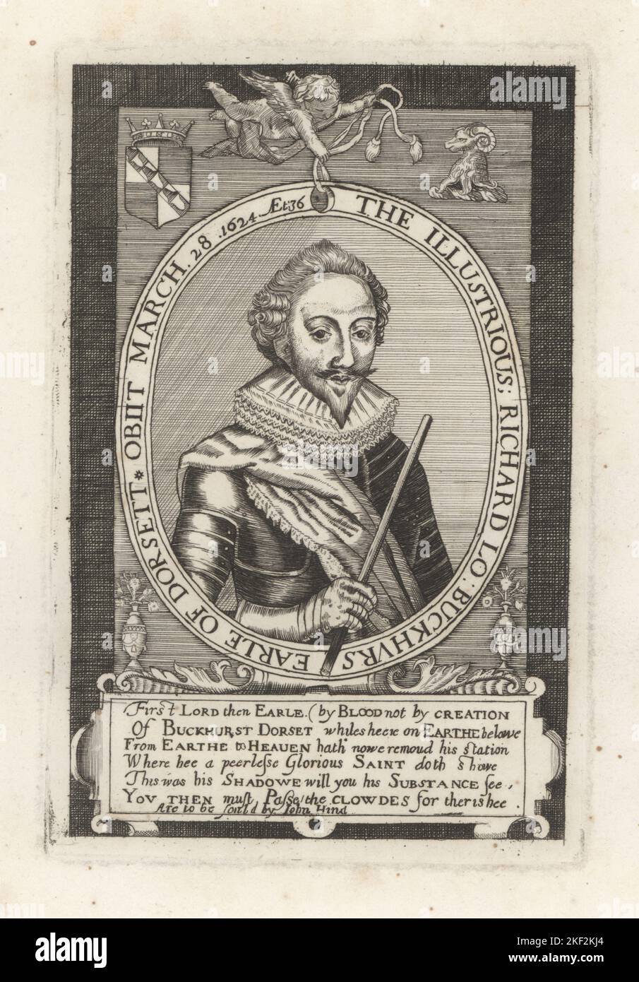 Richard Sackville, Lord Buckhurst, 3rd Earl of Dorset, 1589-1624. Gambler, wastrel, womaniser, debtor. Portrait in ruff collar, sash, breastplate and armour, gauntlet holding a staff. Richard Buckhurst, Earl of Dorset, died 1624, aged 36. From a rare print to be sold by John Hinde. Copperplate engraving from Samuel Woodburn’s Gallery of Rare Portraits Consisting of Original Plates, George Jones, 102 St Martin’s Lane, London, 1816. Stock Photo