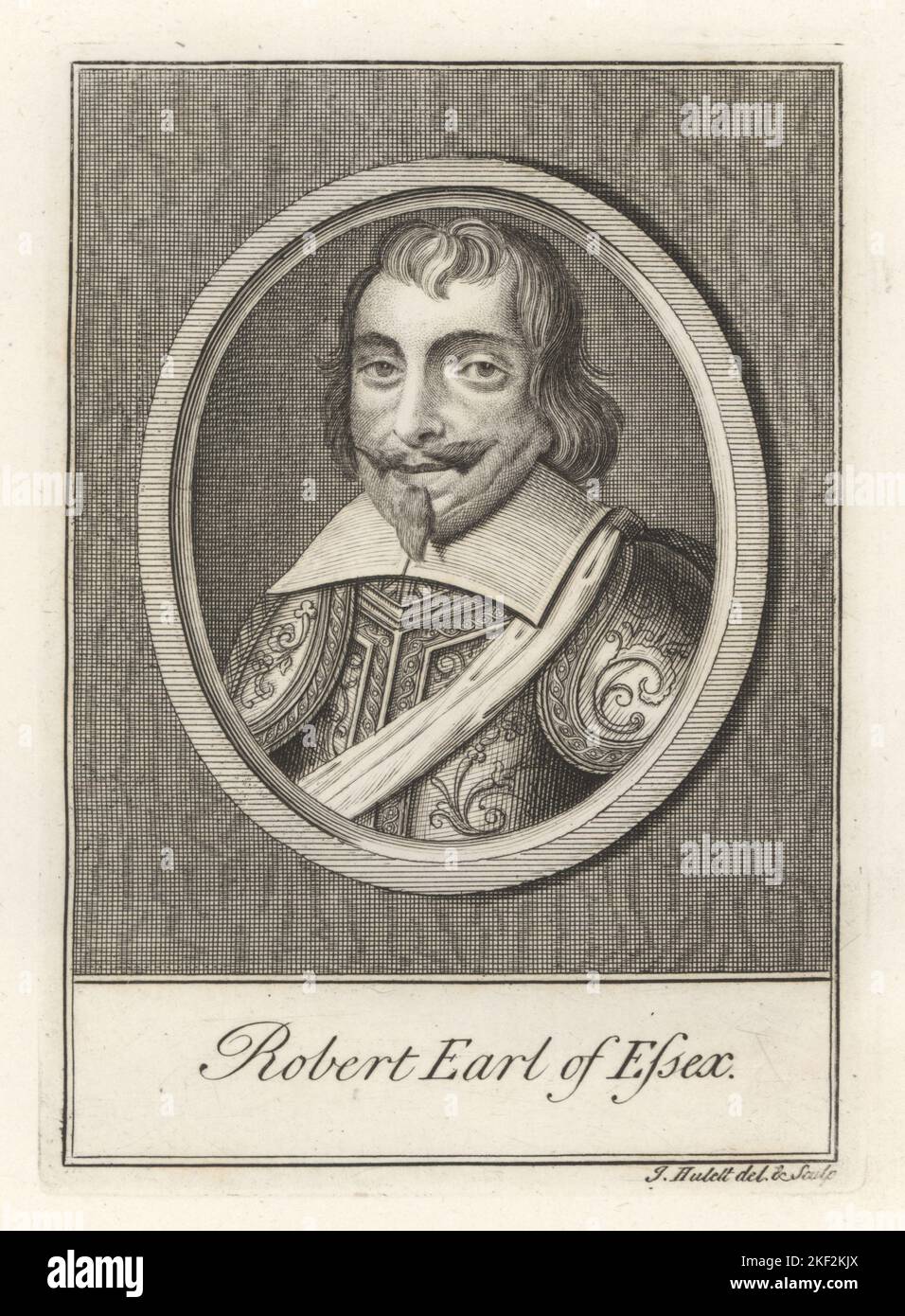 Robert Devereux, 3rd Earl of Essex, Parliamentary general, 1591-1646. Bareheaded with goatee beard, engraved breastplate and shoulder armour, collar and sash. Drawn and engraved by James Hulett. Copperplate engraving from Samuel Woodburn’s Gallery of Rare Portraits Consisting of Original Plates, George Jones, 102 St Martin’s Lane, London, 1816. Stock Photo