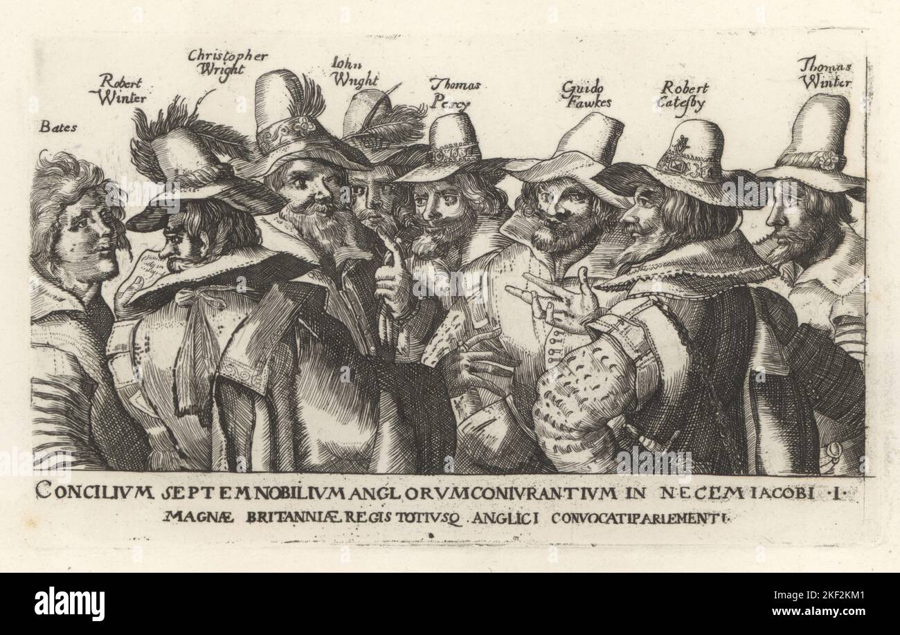 Guy Fawkes and other Gunpowder Plot conspirators, 1605. Thomas Bates, Robert Winter, Christopher Wright, John Wright, Thomas Percy, Guido Fawkes, Robert Catesby and Thomas Winter. After an engraving by Crispijn van de Passe. Copperplate engraving from Samuel Woodburn’s Gallery of Rare Portraits Consisting of Original Plates, George Jones, 102 St Martin’s Lane, London, 1816. Stock Photo