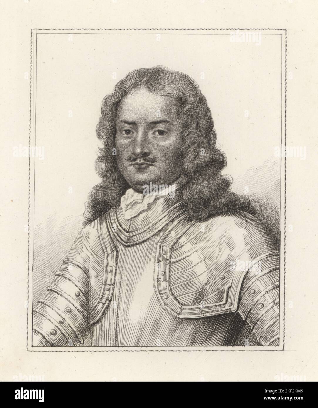 Sir Henry Gage, English royalist soldier and Governor of Oxford, 1597-1645. With long hair, moustache, breastplate and suit of armour. Colonel Gage. From a drawing by John Bullfinch. Copperplate engraving from Samuel Woodburn’s Gallery of Rare Portraits Consisting of Original Plates, George Jones, 102 St Martin’s Lane, London, 1816. Stock Photo