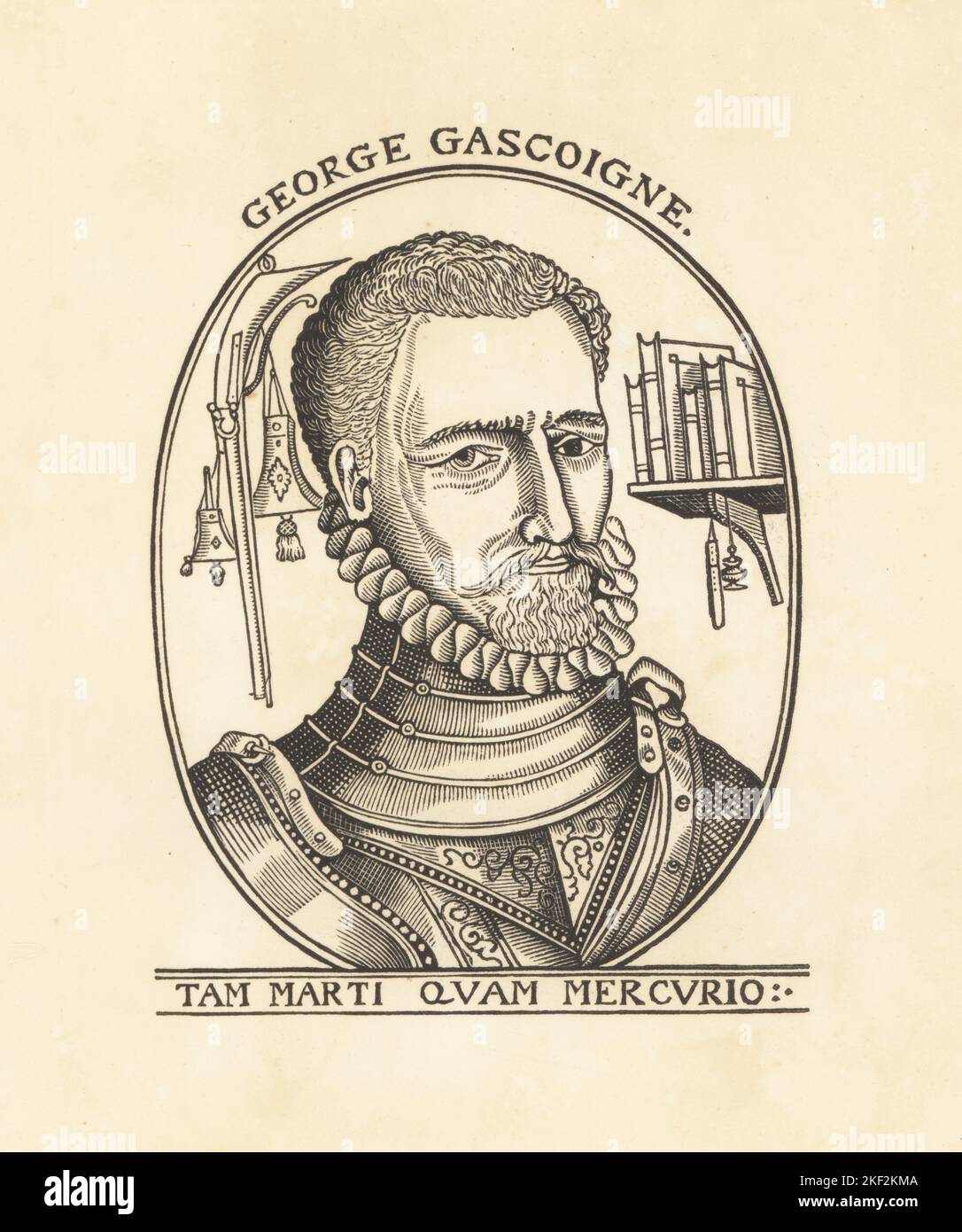 George Gascoigne, English poet, soldier and courtier of the Elizabethan era, 1534-1577. In ruff collar and suit of armour, with books on a shelf. Tam Marti Quam Mercurio. From the woodcut frontispiece to his Steele Glas and Complaynte of Phylomene, 1576. Copperplate engraving from Samuel Woodburn’s Gallery of Rare Portraits Consisting of Original Plates, George Jones, 102 St Martin’s Lane, London, 1816. Stock Photo
