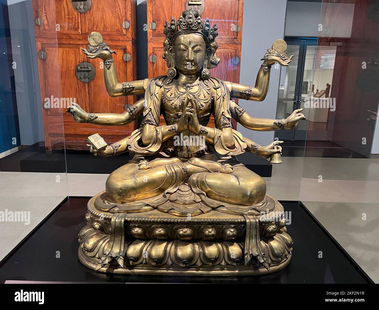 Marichi, Goddes of Dawn; China, Qing Dynasty, 18th century, gilt bronze.  As the Buddhist goddess of dawn, Marichi represents the light of truth breaking through the darkness of ignorance. Stock Photo