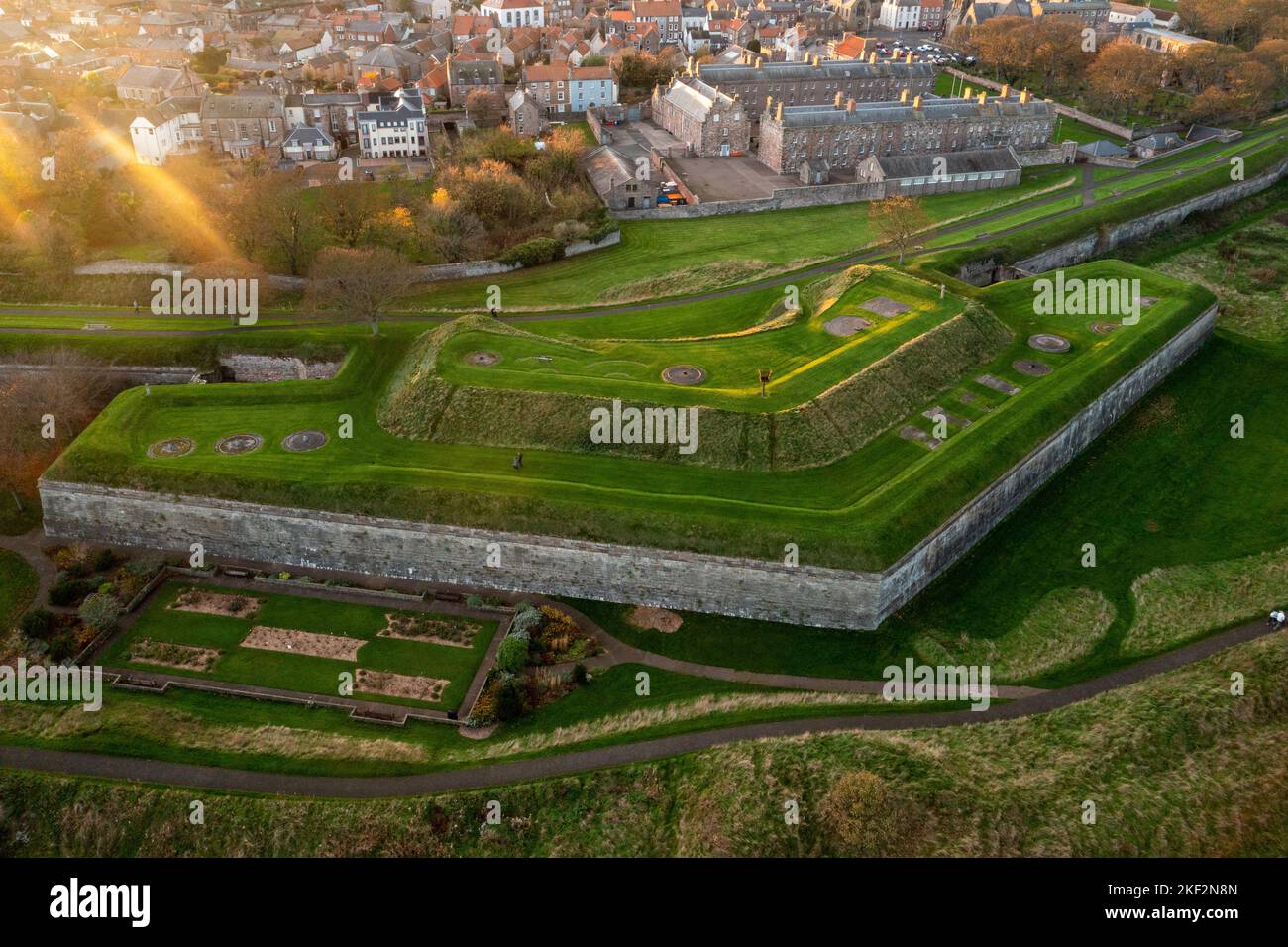 Looking down on Windmill Bastion part of the Elizabethan ramparts that surround England's most northerly town. Berwick upon Tweed, Northumberland Stock Photo