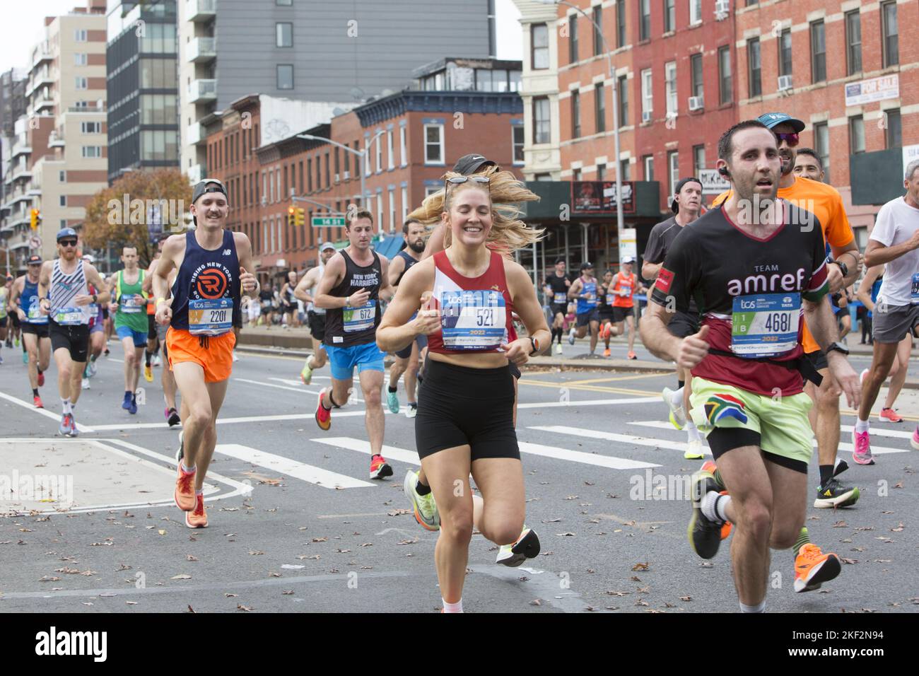 2022 TCS New York City Marathon runners cruise up 4th Avenue through Park Slope Brooklyn during