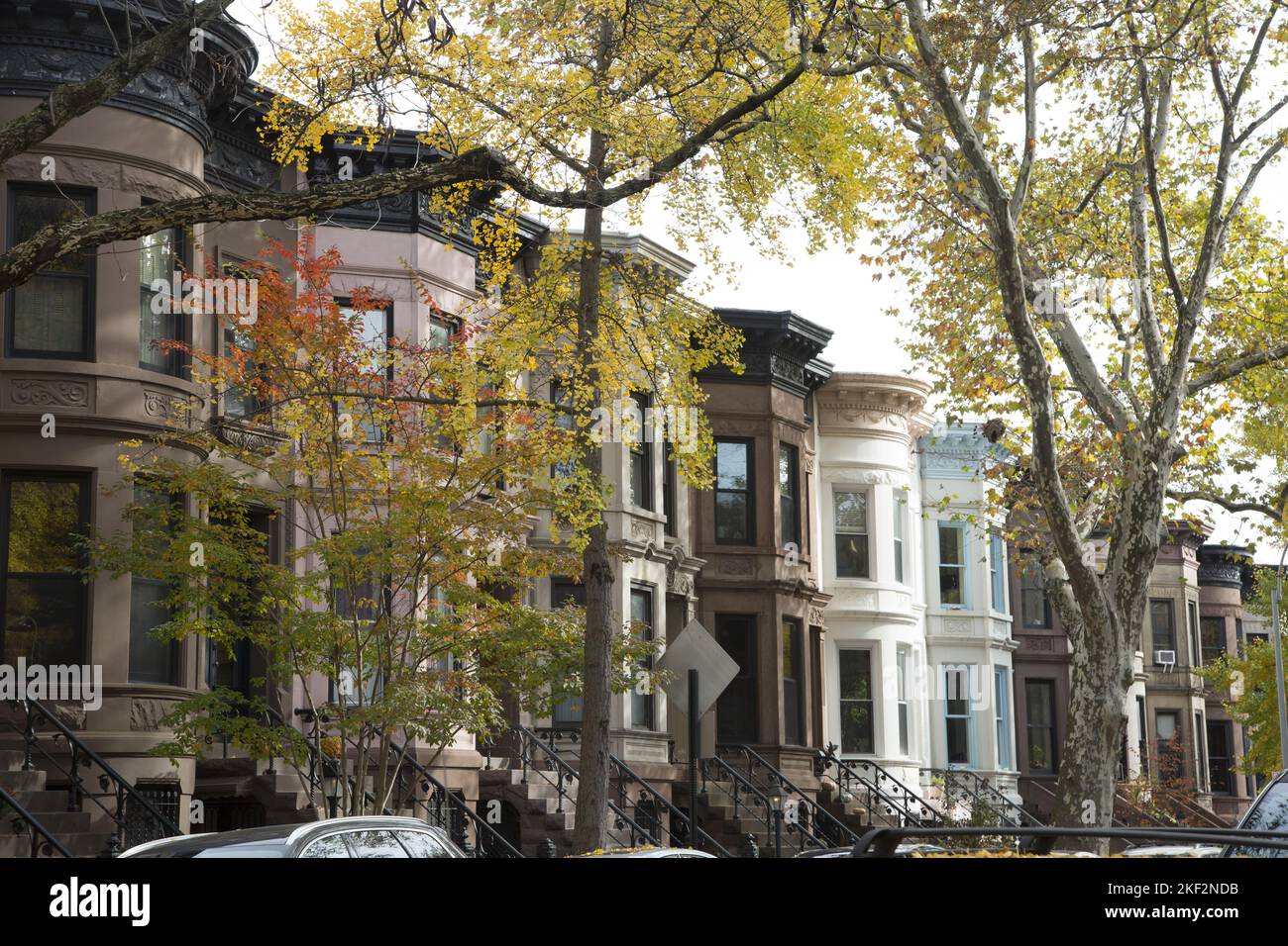 Autumn day on a quiet residential street in the Park Slope neighborhood also known as Brownstone Brooklyn. Stock Photo
