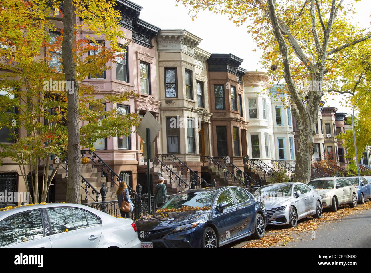Autumn day on a quiet residential street in the Park Slope neighborhood also known as Brownstone Brooklyn. Stock Photo