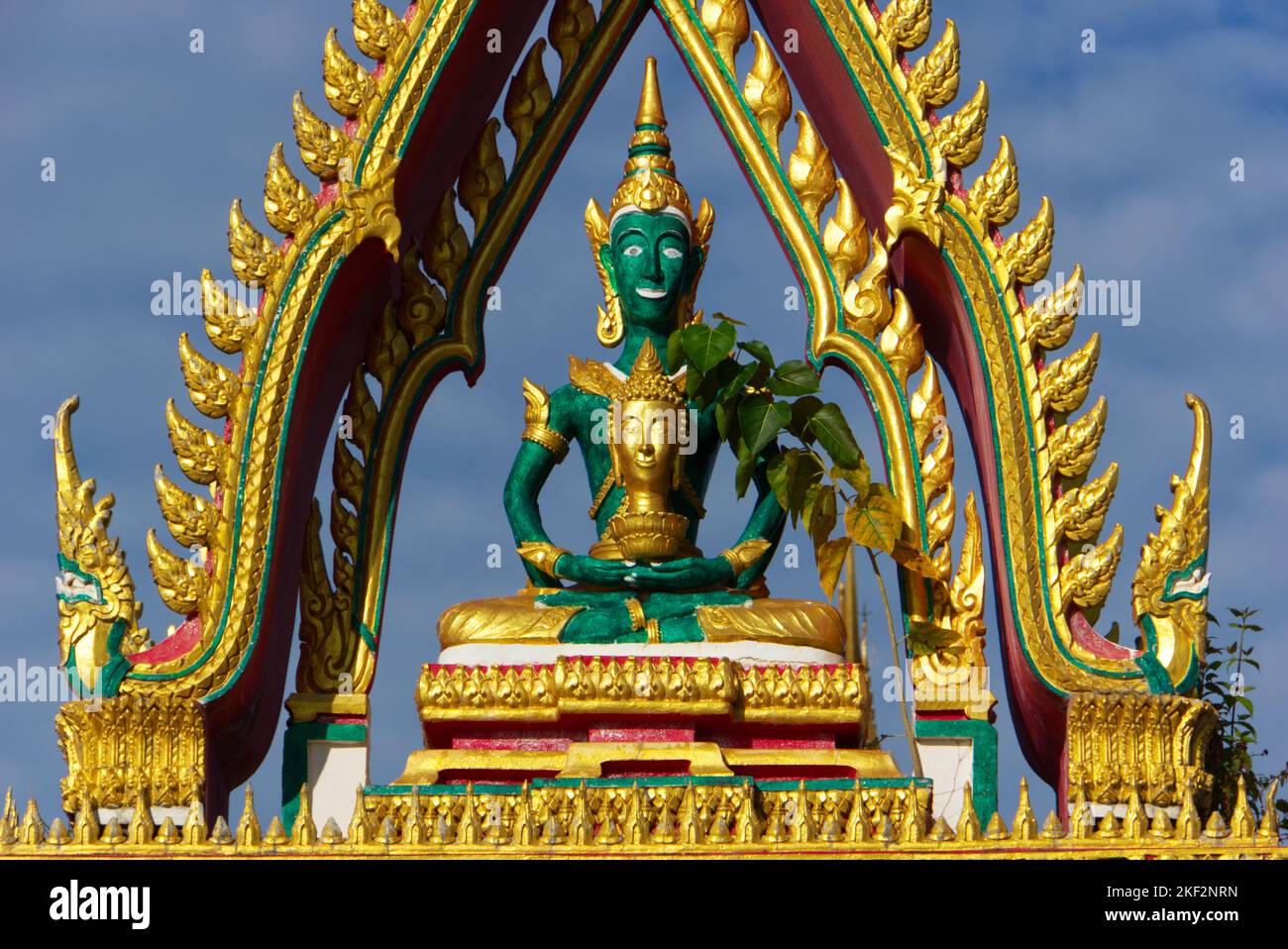 Thailand temple detail and ancient traditional monument in green with ...