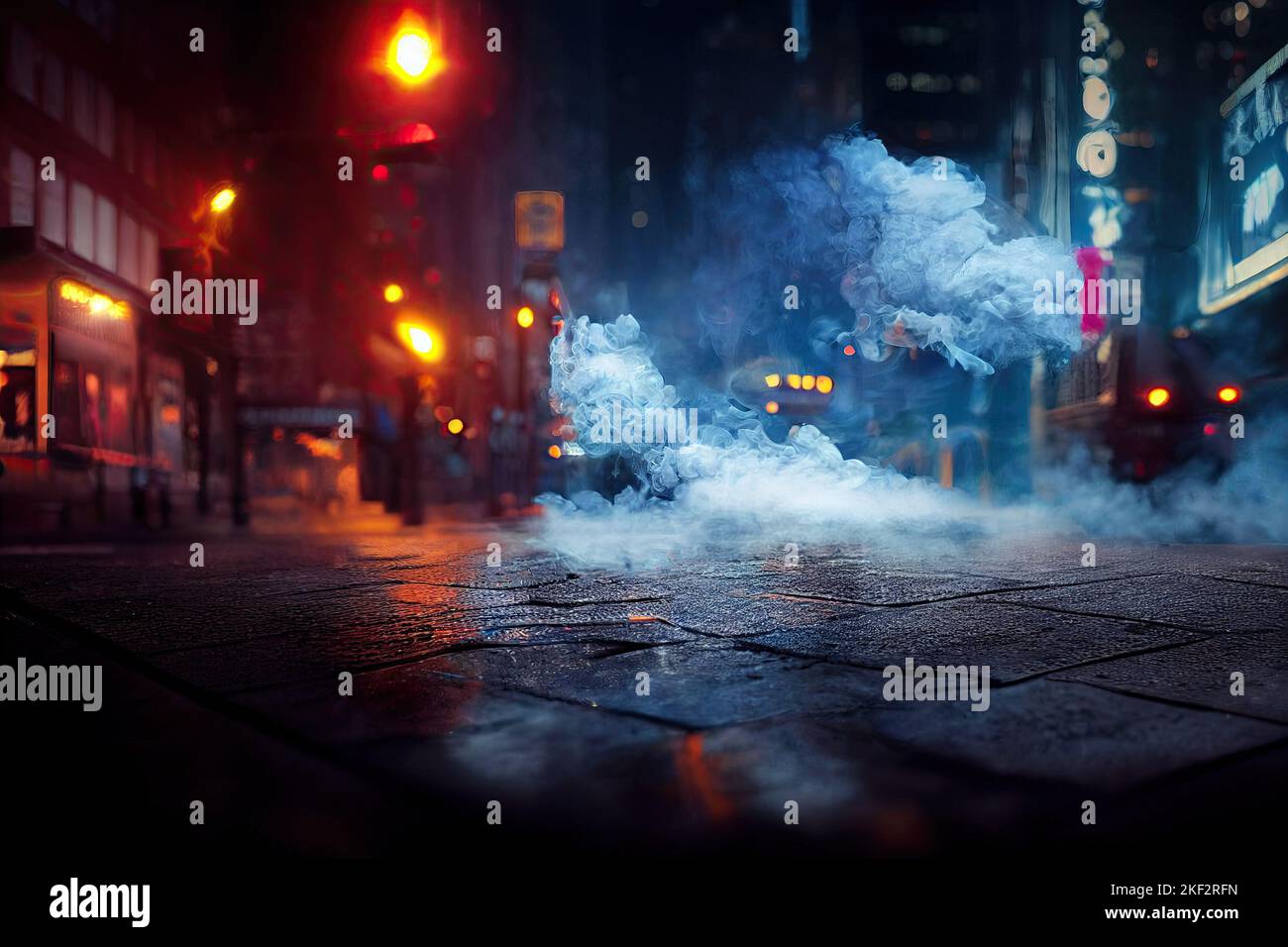defocused background with a Times Square smoking manhole in city street at night. Shops lights
