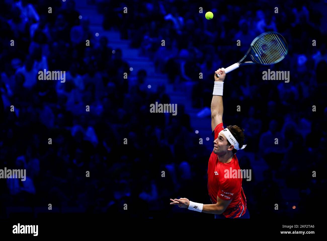 Turin, Italy. 15 November 2022. Casper Ruud of Norway serves during his round robin match against Taylor Fritz of USA during day three of the Nitto ATP Finals. Credit: Nicolò Campo/Alamy Live News Stock Photo