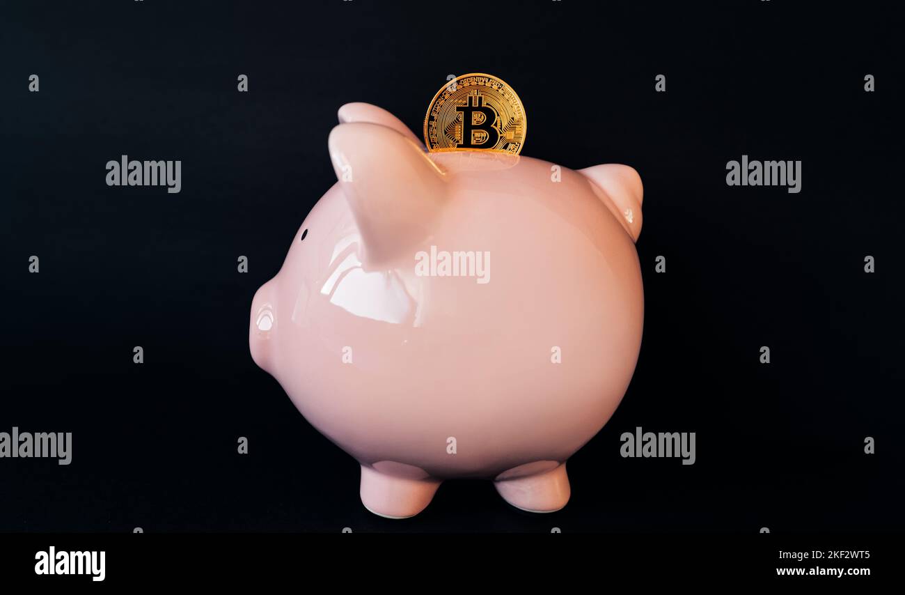 Cryptocurrency saving piggy bank financial banking concept on black background. Crypto bitcoin coin put into savings Stock Photo
