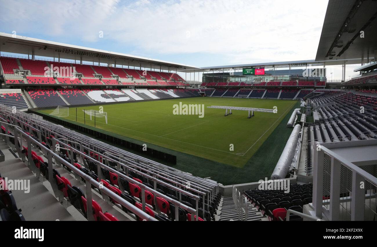 St. Louis, United States. 14th Nov, 2022. Grow lights are on the field of the new Citypark Stadium in St. Louis on Tuesday, November 15, 2022. St. Louis CITY SC will preview Major League Soccer's newest stadium, Citypark by hosting one of Europe's top clubs, Bayer 04 Leverkusen, for an international friendly between CITY SC and Bayer 04 on November 16, 2022. Photo by Bill Greenblatt/UPI Credit: UPI/Alamy Live News Stock Photo