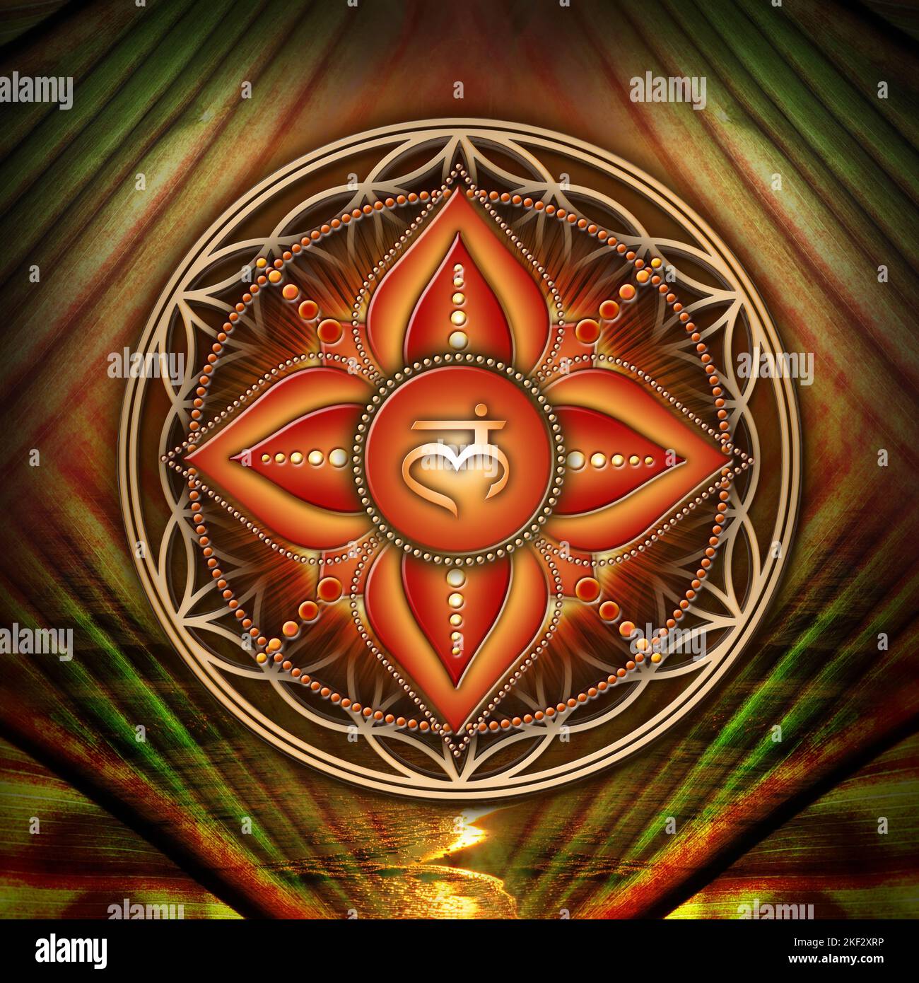 ROOT CHAKRA (1. Chakra, Muladhara) on mystical Flower of Life background. It stands for: Energy, Stability, Comfort, Safety. Affirmation: 'I AM') Stock Photo