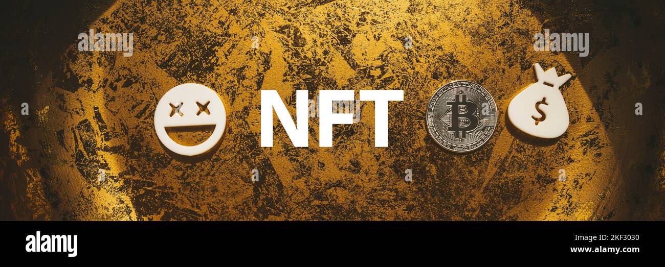 NFT digital art banner gold background with cryptocurrency and emoticons panoramic Stock Photo